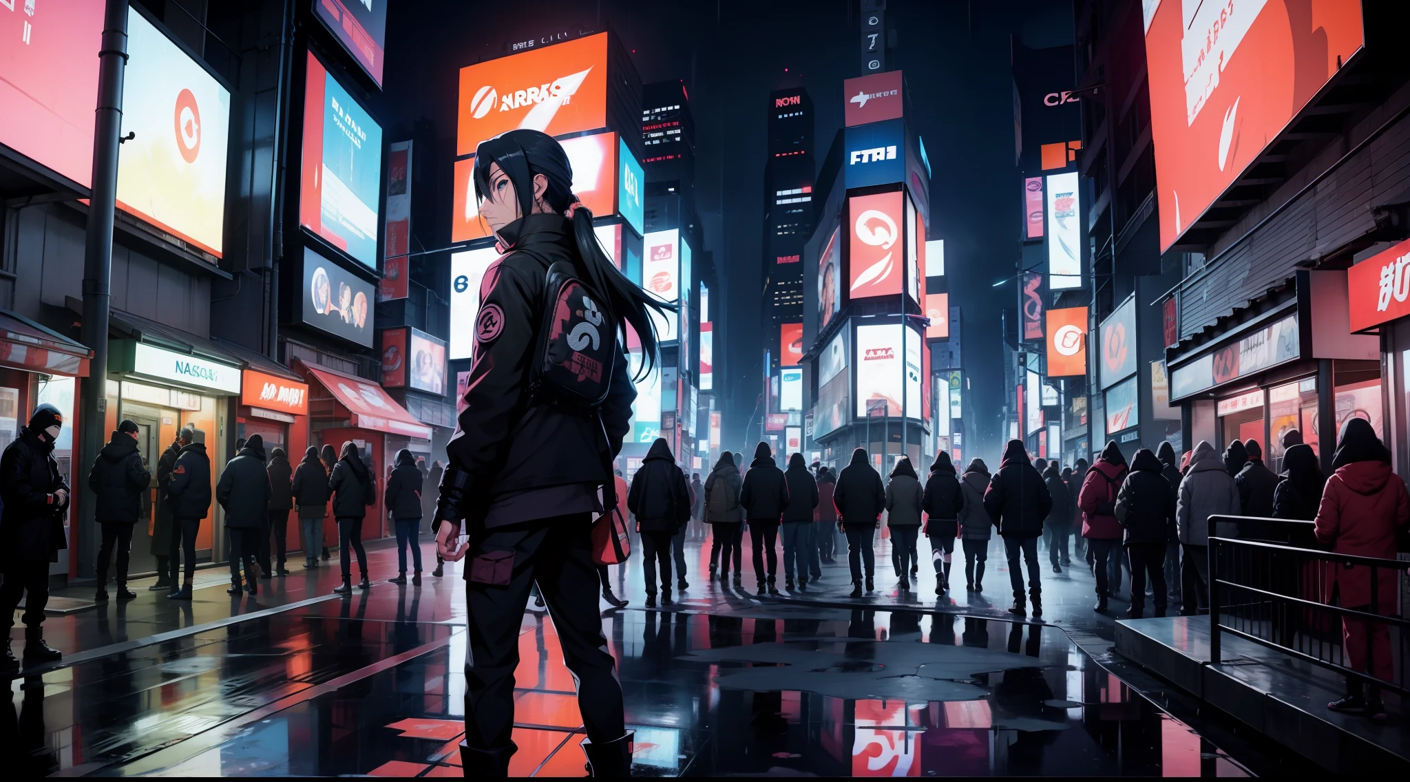 Naruto Uchiha Itachi Neon Lights Tall buildings around you Back to Times Square Surrounded by bus stops, subway stations, crowds, rainy days