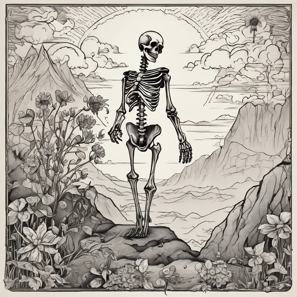 Tarot card, a skeleton is dancing joyously at the edge of a high cliff, in the right hand a wooden staff, in the left hand a beautiful flower, a small cat dancing at the feet of the skeleton, mountains and clouds in the background, black and white, fine lines, Intricate details