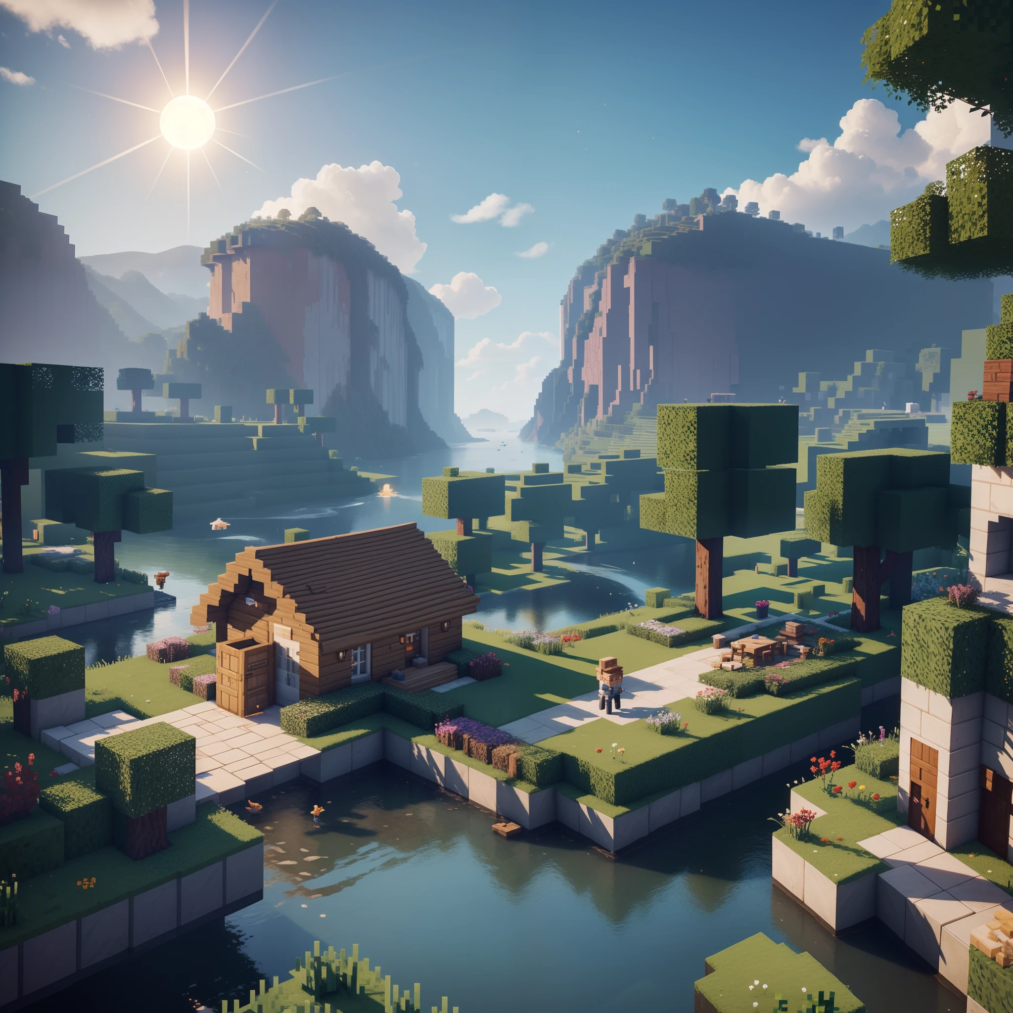 Welcome to the world of Minecraft with its captivating and charmingly simple pixel atmosphere. As you step into this world, you'll be mesmerized by the colorful scenery of pixel blocks forming the environment around you.

The bright blue sky adorns the heavens, with soft white clouds gently drifting in the distance. The sunlight illuminates the land and trees with warm colors, creating a comfortable and peaceful ambiance.

As the sun starts to set, the sky transforms into beautiful shades of orange and purple. Glittering pixel stars begin to appear one by one, adding enchantment to the night sky.

You walk amidst pixelated fields, surrounded by charming creatures that may look simple but exude their own unique charm. Some pixelated wolves play around, while pixel birds chirp happily in nearby trees.

Occasionally, you hear the gentle sound of flowing water, signaling the presence of a river or lake not far from where you stand. You feel the urge to explore and get a closer look at the natural wonders around you.

With a stack of simple blocks, you can build a humble yet charming pixel home. Perhaps a wooden cabin in the middle of the forest or a small hut atop a hill. The choices are only limited by your imagination.

In this simple pixel atmosphere, you experience peace and wonder in every corner of the Minecraft world. You don't need complex graphics to feel the joy and creativity as you embark on your adventure. Enjoy the magic of the pixel world within the game of Minecraft!