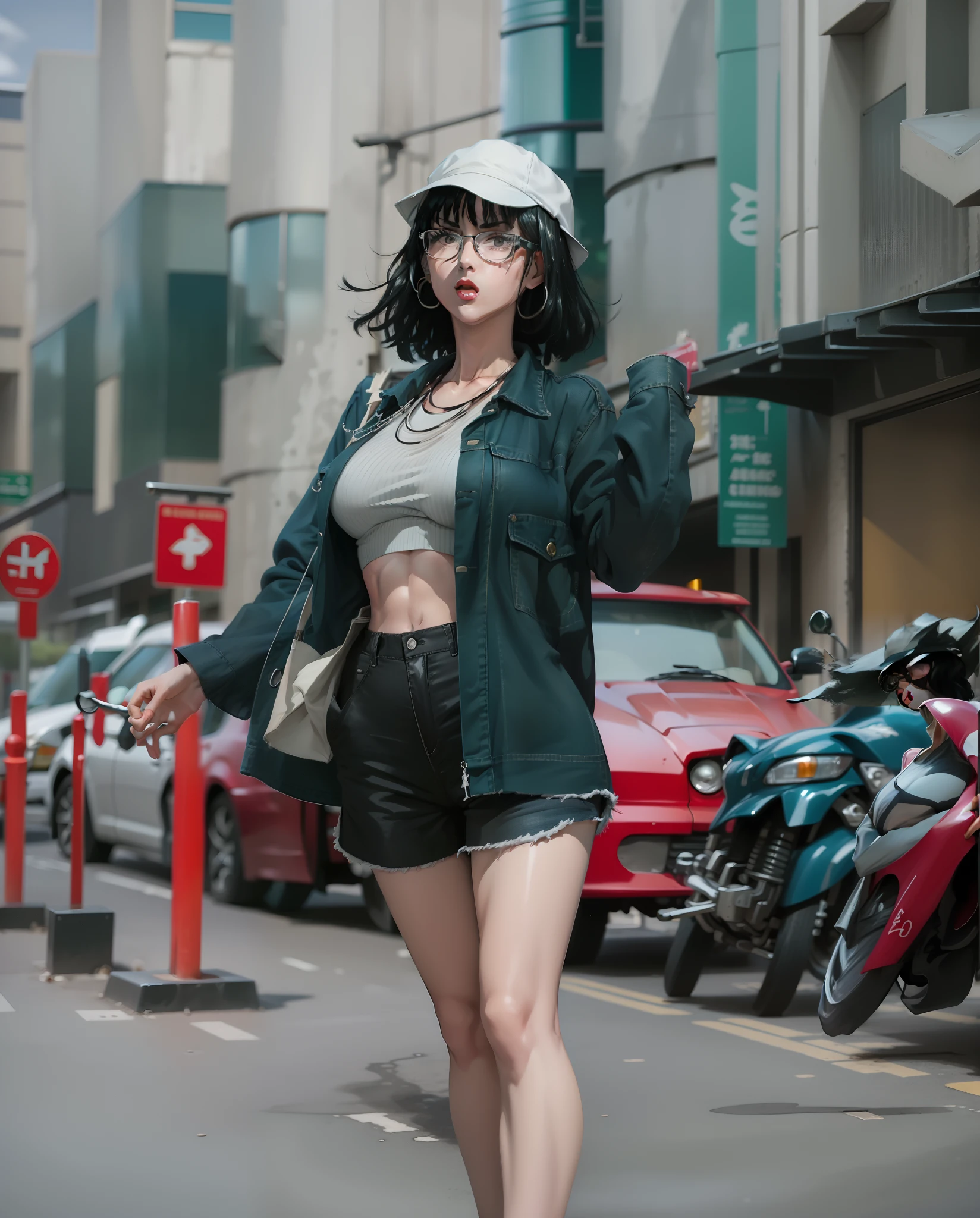 Girl, red lips, big nose, big tits, glasses, shorts hair, black hair colors, wearing earrings, wearing a necklace, fair skin, gray bucket hat colors, long sleeve levis shirt, white shorts tank top colors, short black pants, sexy body, sexy girl, stand pose, elegant pose, beautiful girls, in outdoor, urban background, realistic