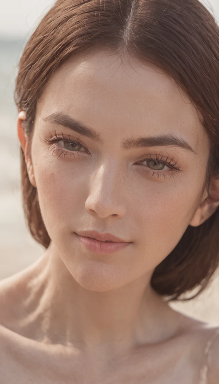 top-quality、masterpiece, high resolution、Full naked body portrait、(Photorealsitic:1.4)、Raw foto、One woman in the world、Detailed facial texture、Cool summer beach、