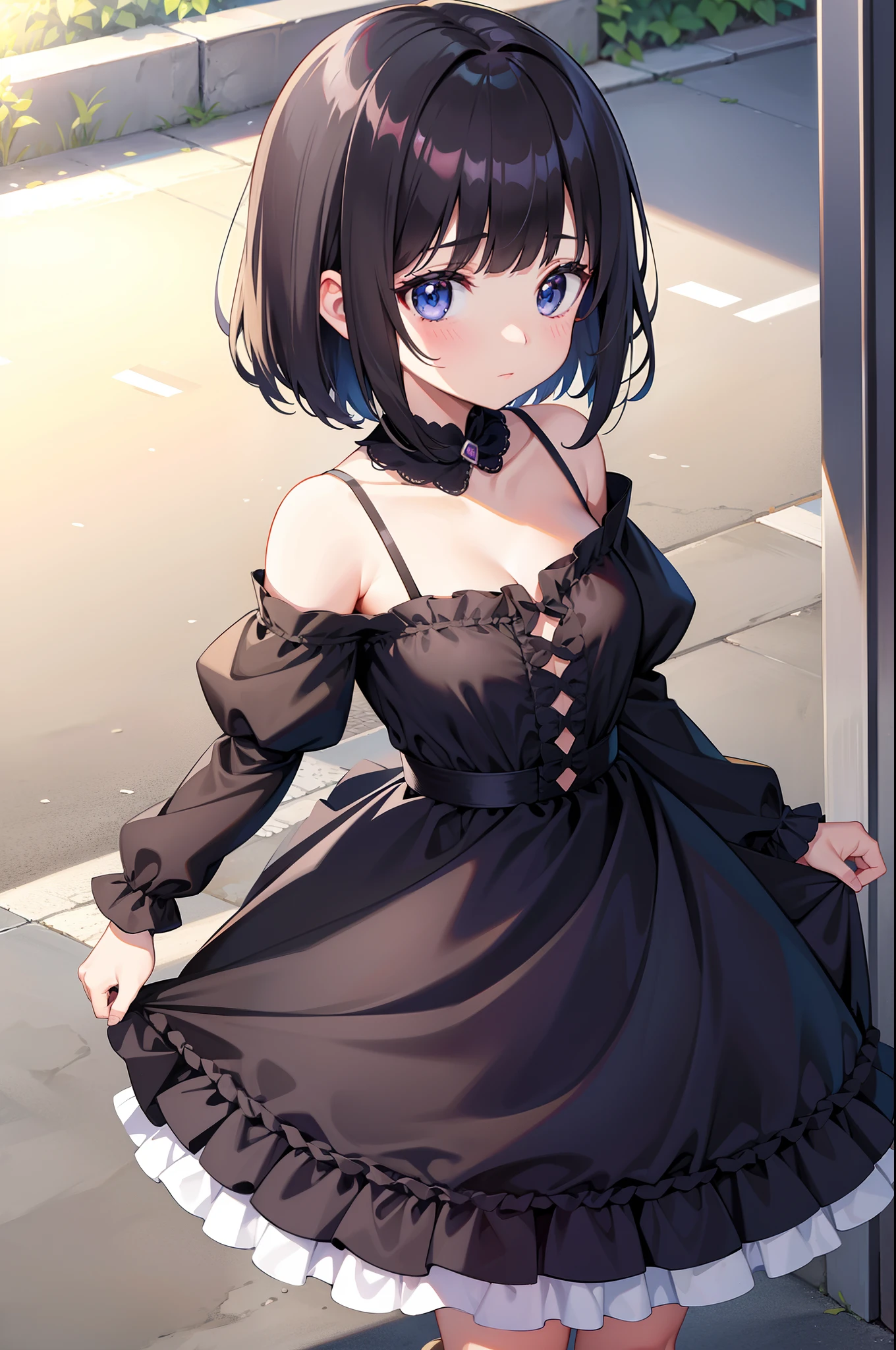 Main piece、high quality、High resolution、1 girl,single, Ruka Sarashina、jewelry、skirt、Maid uniform with exposed breasts、Japan maid café、black hairの女性、short hair、black hair、black pantyhose, blue eyes, long sleeve, Blue Hair Band, bangs, big breasts, cleavage, Medium waist, medium hips, wide thighs, Cowboy photos, smile, attractive, embarrassing, blush、large crowd of people, looking at the viewer,from below、Low - Angle,とてもbig breasts、cleavage、No bra、No panties、No panties、非常に短いskirt、nipple、nippleを出す、nippleからミルクが吹き出す、nippleからミルクが滴る