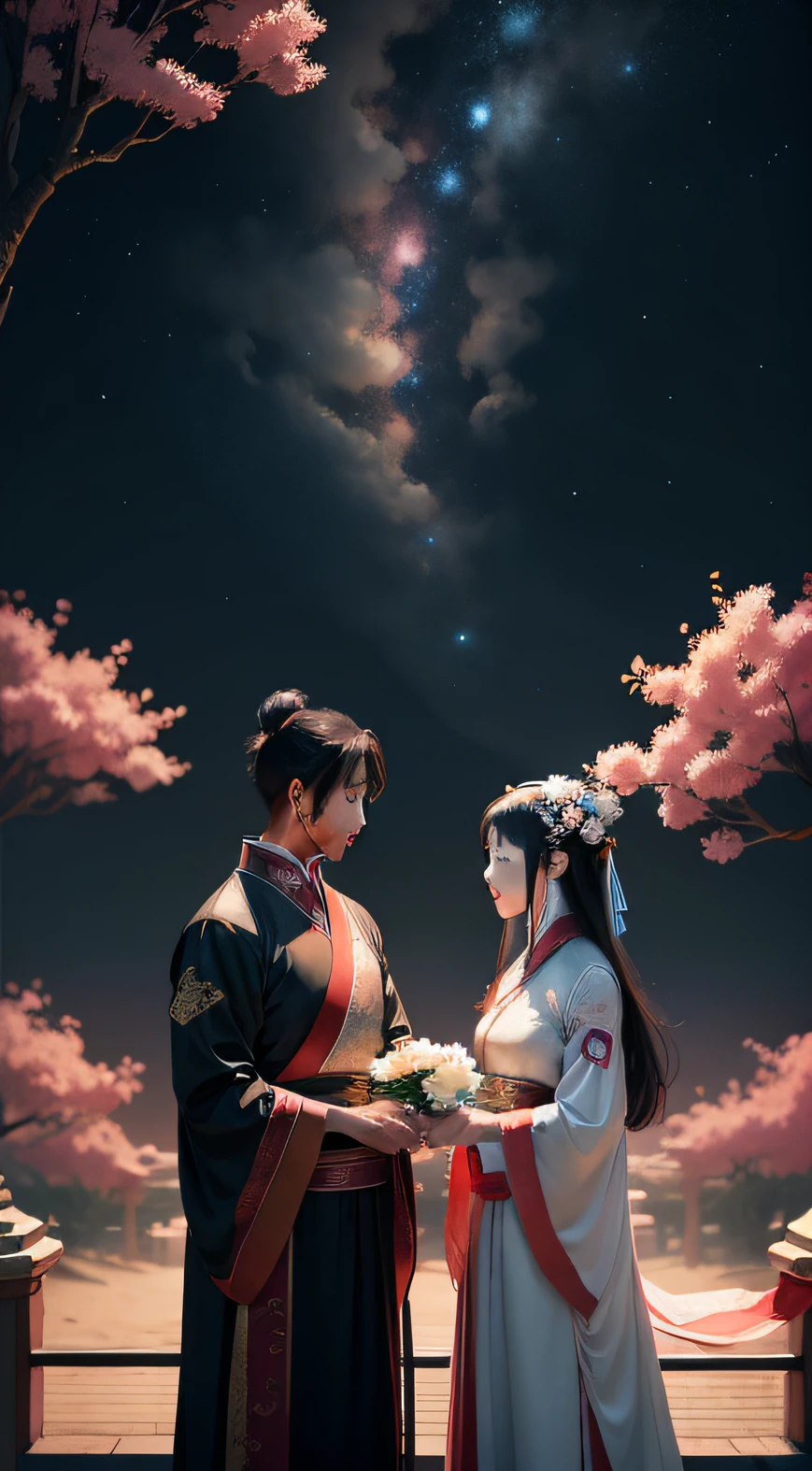 A Chinese couple,wearing a hanfu，Starcloud,ultra very long shot,Wide view,Hope is abundant,illusory engine,