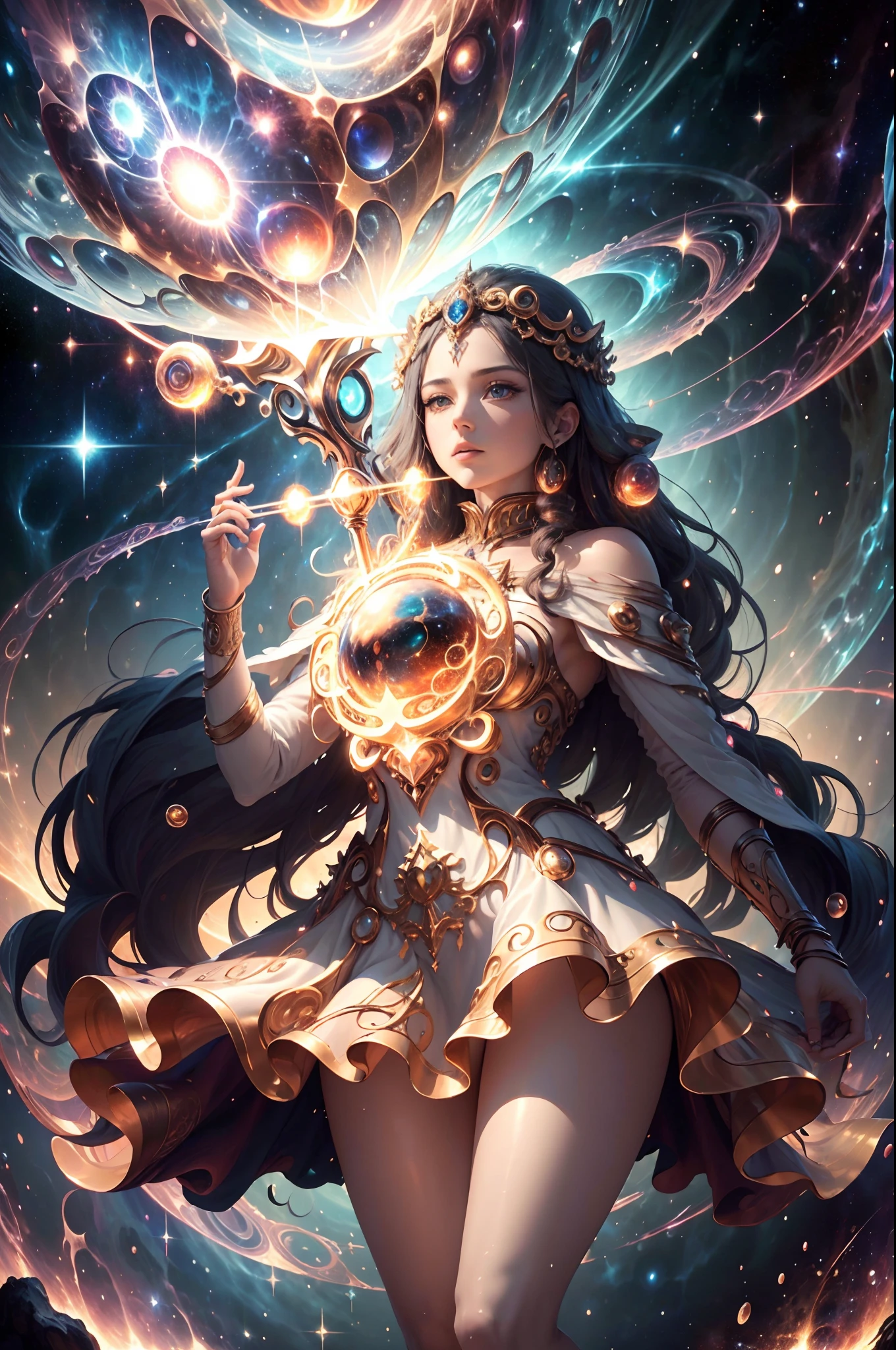 masterpiece, best quality, high details, highres, 1 person, divine being, divine magic, God of Chaos, personification of Chaos, standing in deep space, divine being, magic circles, divine patterns, emanates immense power and cosmic energy, surrounded by swirling vortexes of space-time, galaxies, and stars, dark and chaotic atmosphere, ancient and enigmatic presence, 16k
