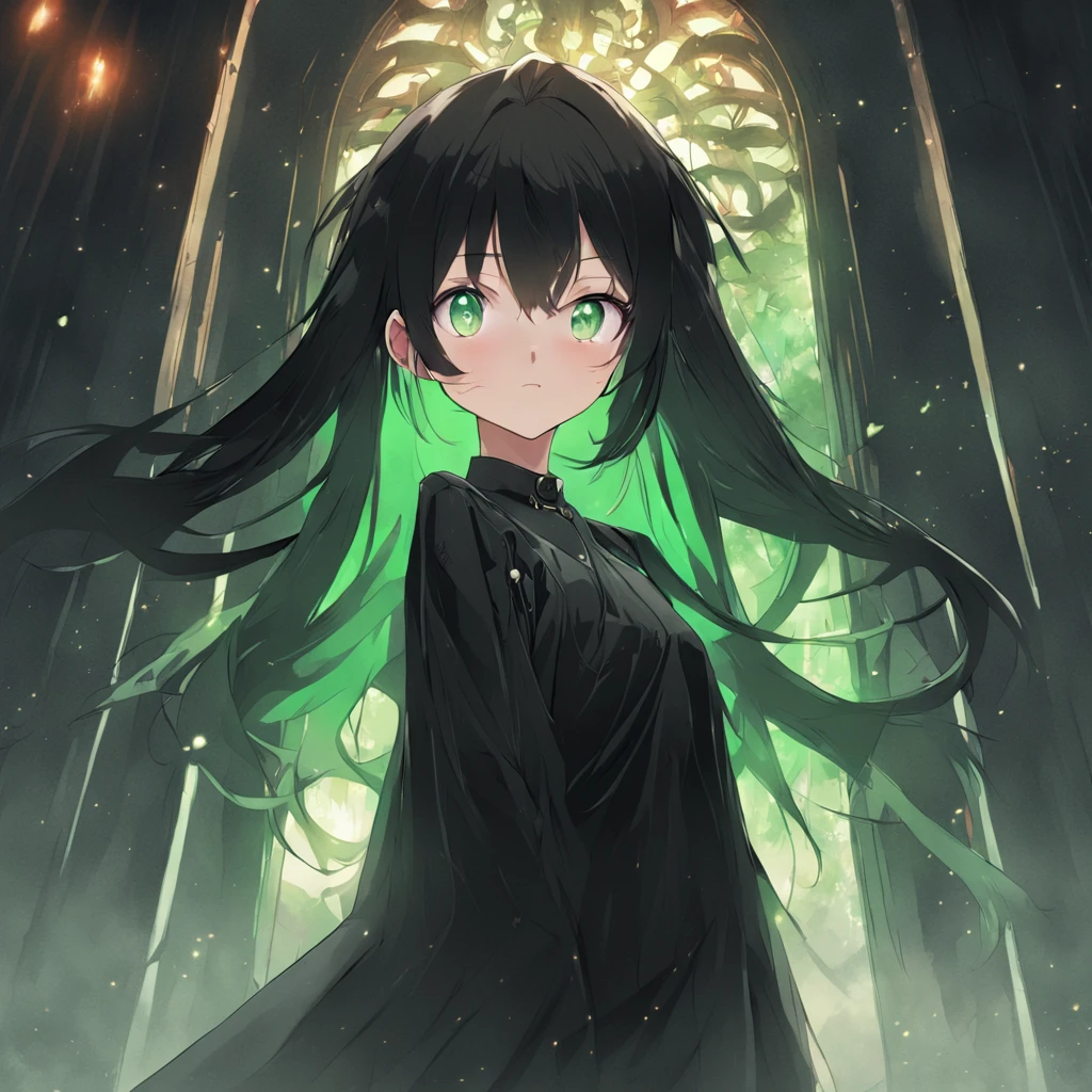 Long black hair, Green eyes, Black dress, graveyard, Beautiful anime style girl all over, clean detailed faces, goth clothes, Glowing shadow, beautiful gradation, Depth of field, Clean image, High quality, High details, High definition, Luminous Studio graphics engine, Beautiful