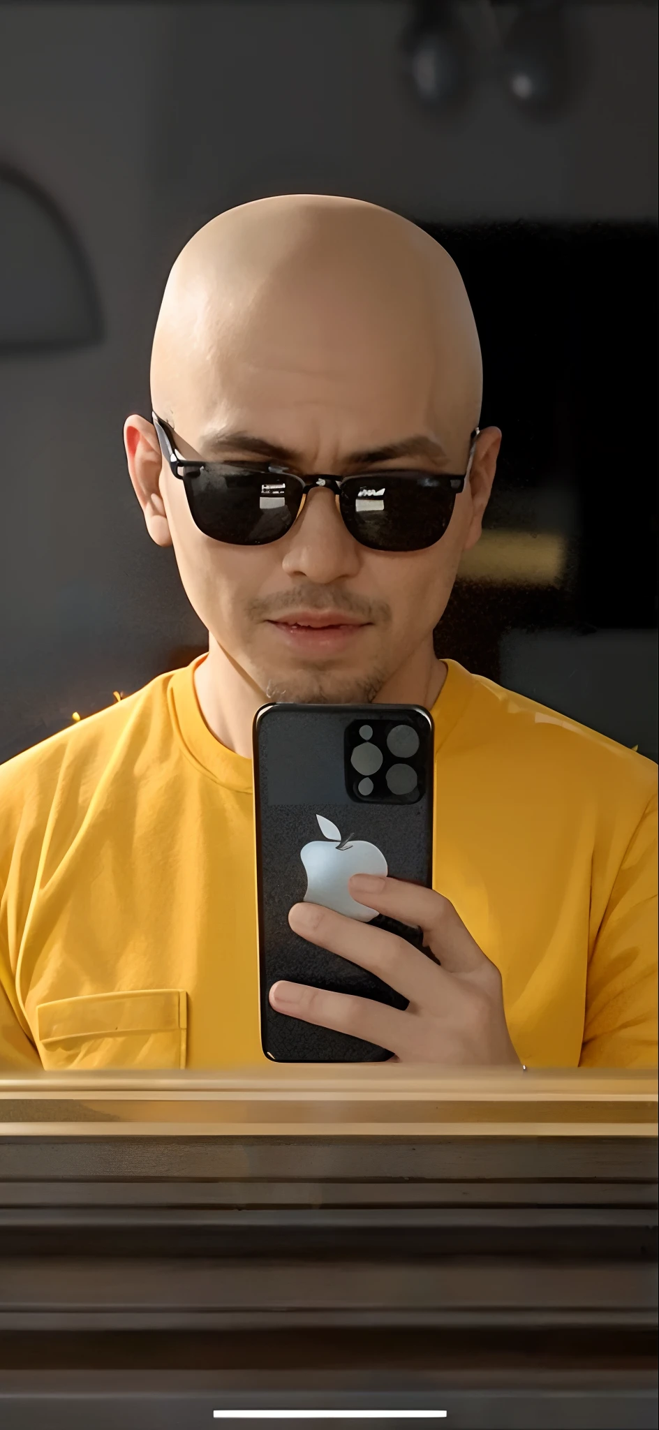 arafed bald man in yellow shirt looking at his cell phone, with sunglass, 8k selfie photograph, iphone selfie, reflection of iphone in visor, david luong, taken on iphone 1 3 pro, shot on iphone 1 3 pro max, with sunglasses, professional iphone photo, wearing shades, in style of kar wai wong, style of doug chiang