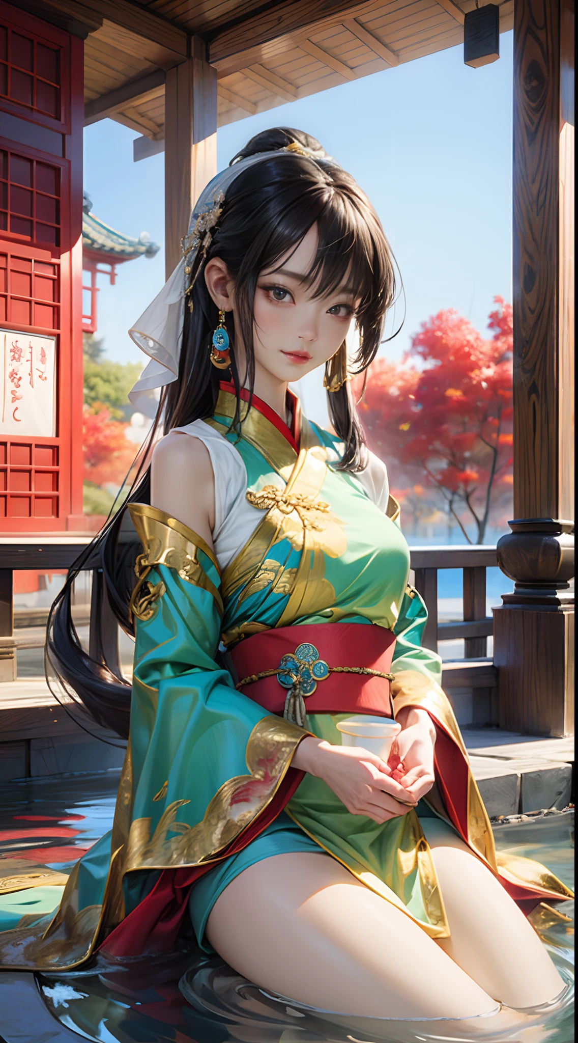 Beautiful girl traditional Asian, Beautiful girl, Traditional women, In the style of surreal water, animeaesthetic, xiaofei yue, Deep gold and shallow aquamarine, Frederick Sandes, dark white and light crimson, Fantastic introspection