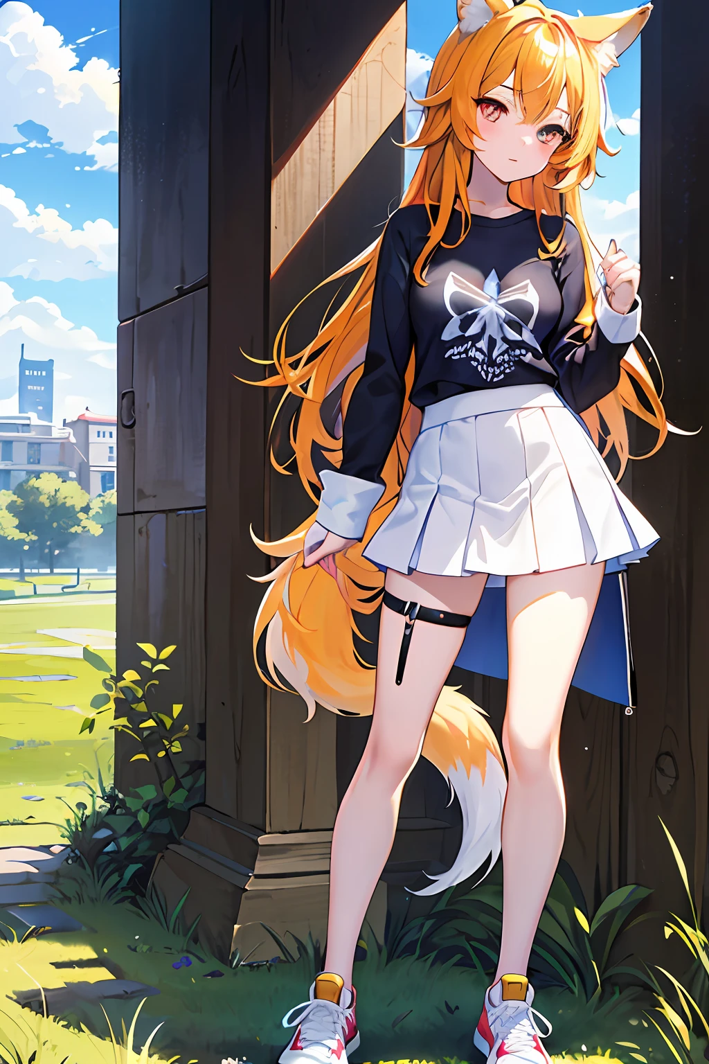 1girll,独奏,long whitr hair,a skirt,exteriors,clouds,brunette color hair,eBlue eyes,The shirt,longer sleeves,Footwear,Skysky,The tree,blackdress,full bodyesbian,blue-sky,By bangs,Blushlush,Blue shirt,athletic sneakers,standing on your feet,grassy,white shoe,mostly cloudy sky,In the daytime,print shirt,looking at viewert,Walk 1 girl,full bodyesbian,(Gold eyes),(Red eyes),(Wolf ears),(Yellow hair),(Wolf's tail),(Wolf ears),(cute girly:1.1),(Wolf ears),美丽细致的眼睛,Orange hair,Very long hair,smallunderboob,(looking at viewert),(Magazines:1.2),(Cover style:1.2) ,Fashionab,woman,with dynamism,garments,posing on a,frontage,Colorful,dyna,Background with,element in,self-assured,Expressing the,halter,statement,Accessories,A majestic,coil,Runt,Touching pubic area,Scenes,Cover of a,boldness,attention-grabbing, Stylish, font, Catchy, titles, modern, Trendy, Focus, Fashion,