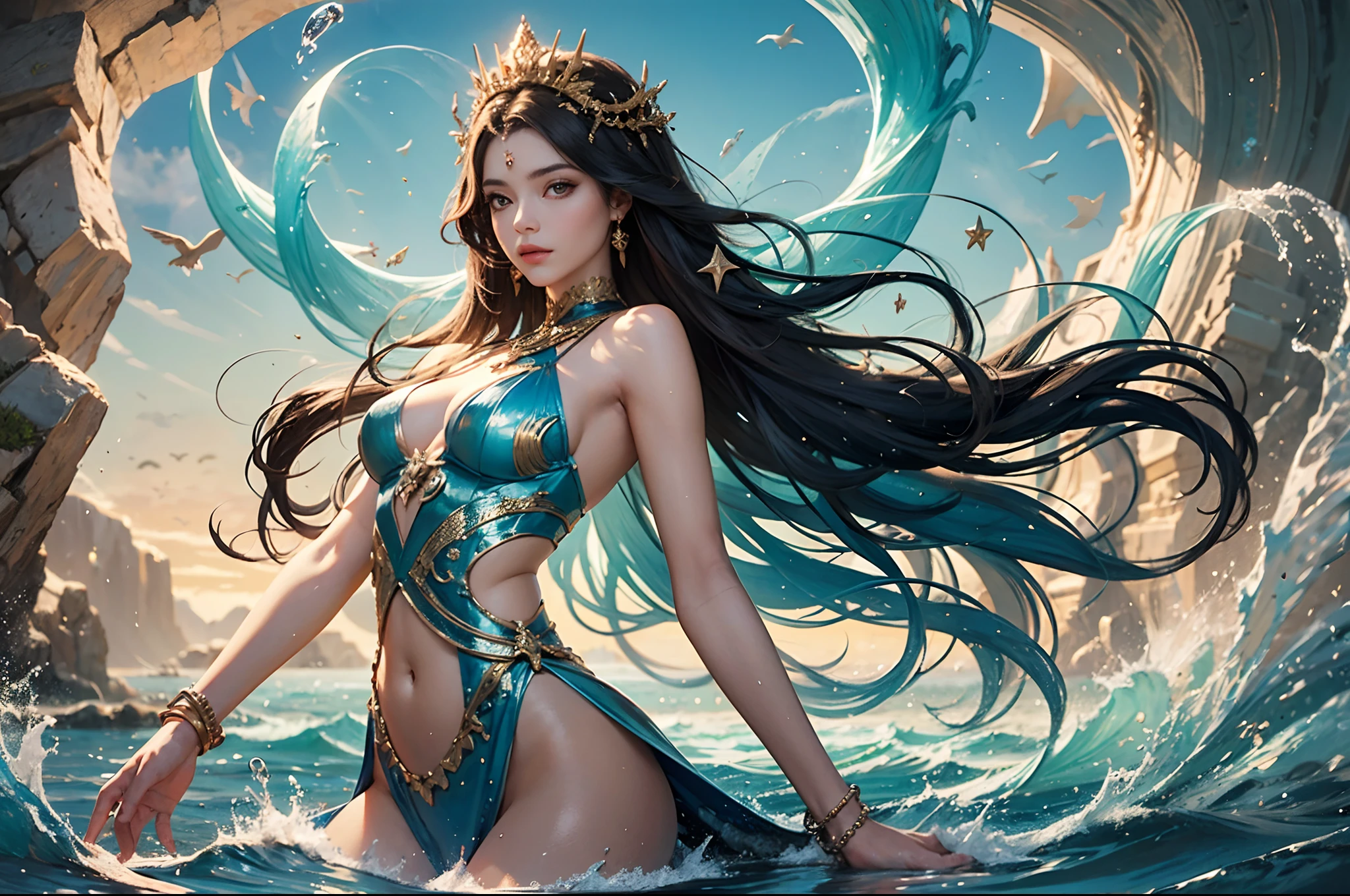 uma linda mulher nua flutuando no mar como uma deus, deusa do mar, luz de deuses, mistico, fantasia, magic photography, magia, vestido branco, detalhe no sol, coneção, espiritualidade, mulher morena, corpo bronzeado, deusa do mar, flutuando no mar, lindo mar de aguas claras, peixes brilhosos pulando, imagem surreal, cabelo ao vento, psychedelic colours, lindo sol realista, magia, arte conceitual, great composition, melhor qualidade, otimos detalhes, detalhes intrisecos, golden hour, fantastical, mystique --auto --s2