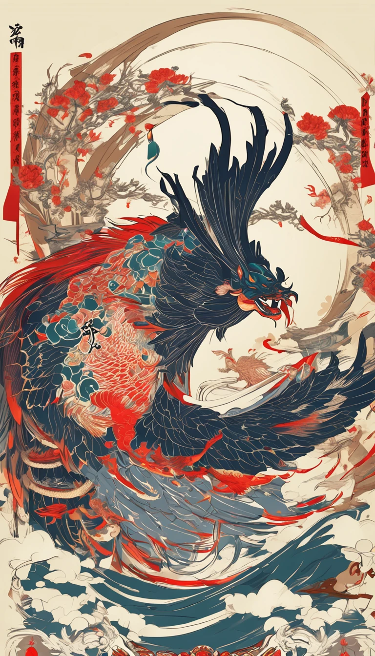 best illumination, best shadow, an extremely delicate and beautiful, Chinese immortal beast, Phoenix, Flame, Sunny, Night sky, Spread one's wings, Soar, Shaped like a bridge, Shining stars, Scorching heat, Game CG diagram, Qi Baishi style