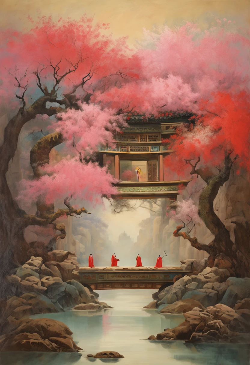 illustration matte painting, by Li Tiefu, artwork in the style of z.w. gu, chinese surrealism, inspired by Kanō Naizen, chinese style painting, symmetric matte painting, blossoms, overlooks, Romanticism, Constructivism, Suprematism
