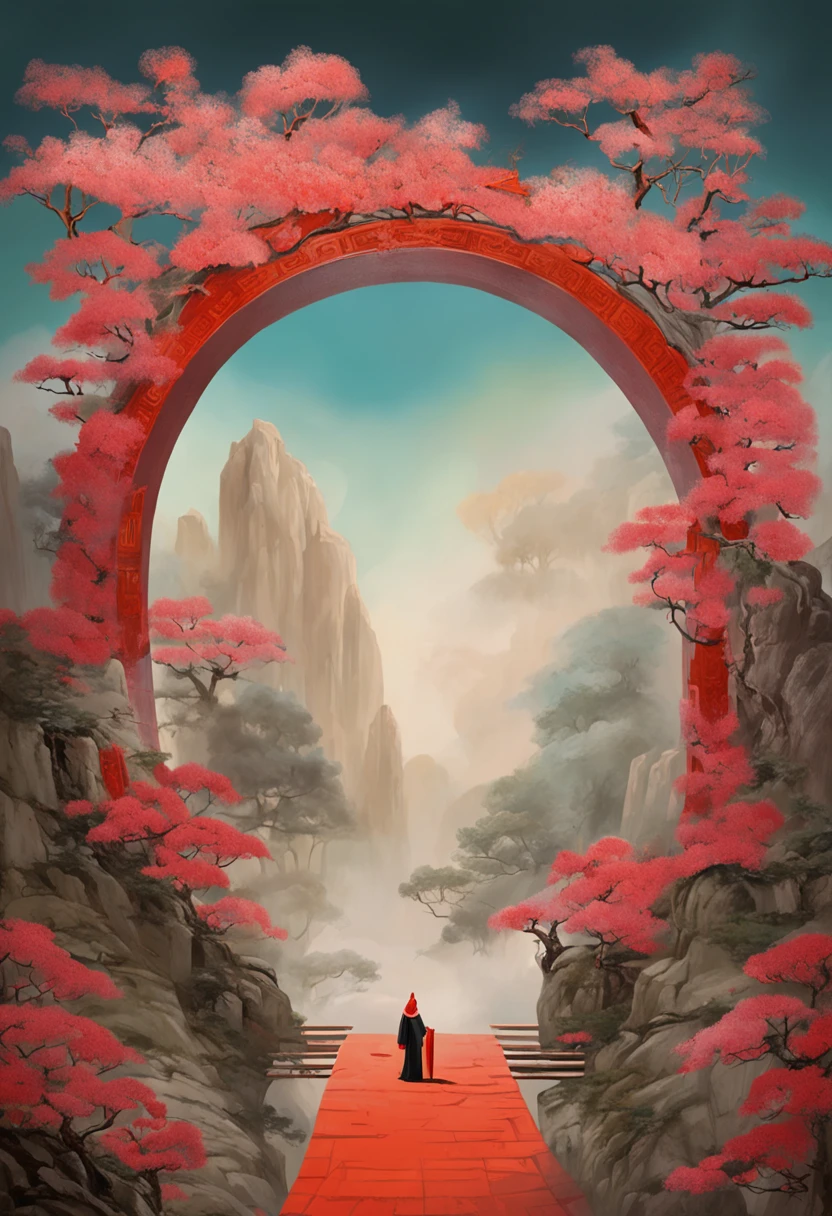 illustration matte painting, by Li Tiefu, artwork in the style of z.w. gu, chinese surrealism, inspired by Kanō Naizen, chinese style painting, symmetric matte painting, blossoms, overlooks, Romanticism, Constructivism, Suprematism