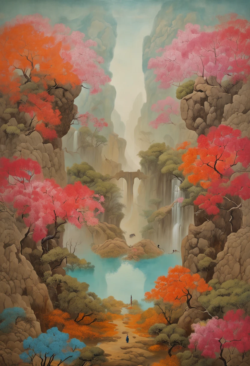 illustration matte painting, by Li Tiefu, artwork in the style of z.w. gu, chinese surrealism, inspired by Kanō Naizen, chinese style painting, symmetric matte painting, blossoms, overlooks, Romanticism, Constructivism, Suprematism