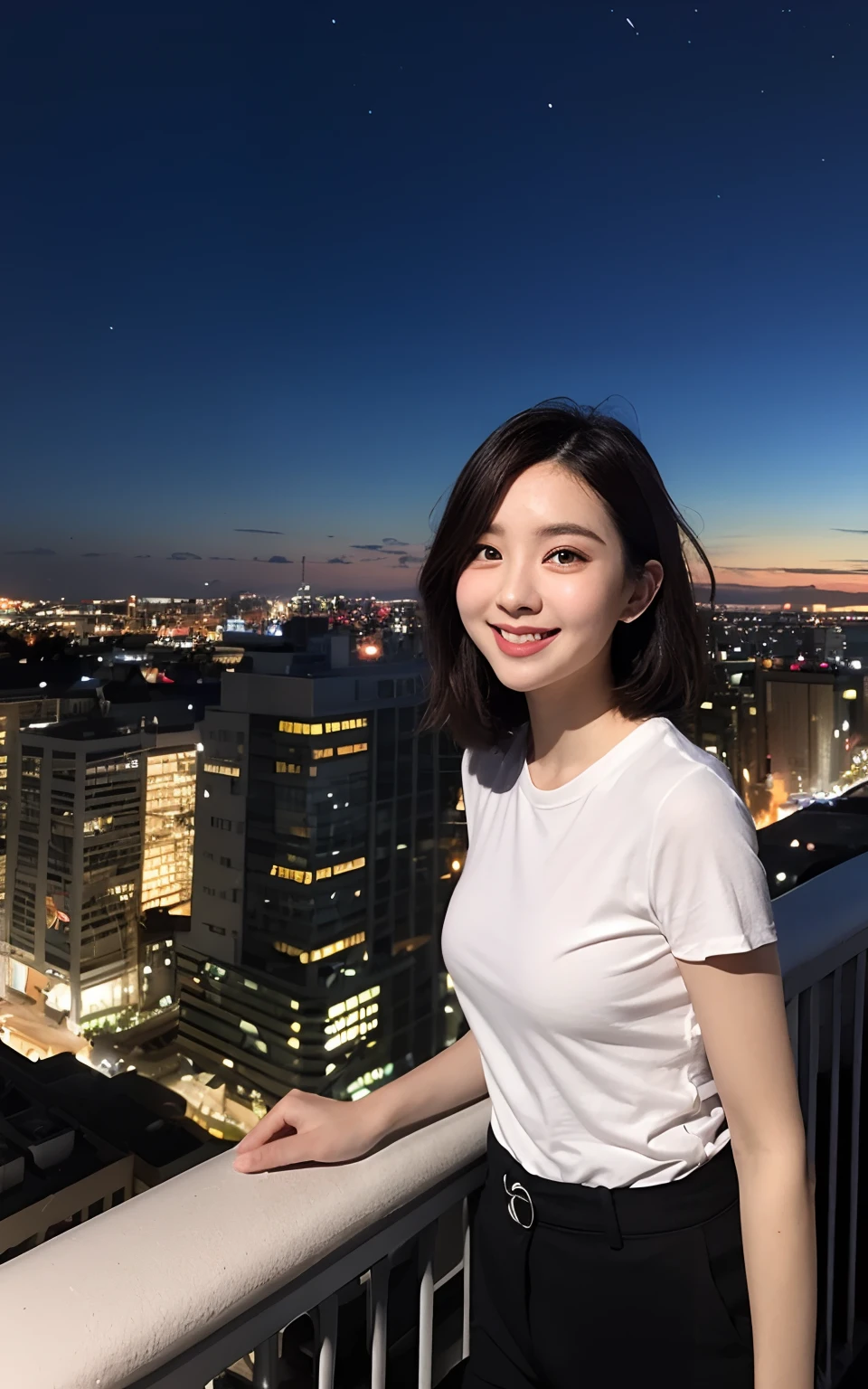 Highly detailed CG unity 8k wallpaper, of the highest quality, Super detailed, masutepiece, Realistic, photographrealistic, extremely detailed cute girl, 25 years old, Round eyes, peeping at the viewer, Blush,ssmile,Natural random selfie pose(Underarms) ,Night view of the city rooftops, White T-shirt、Short black pants
