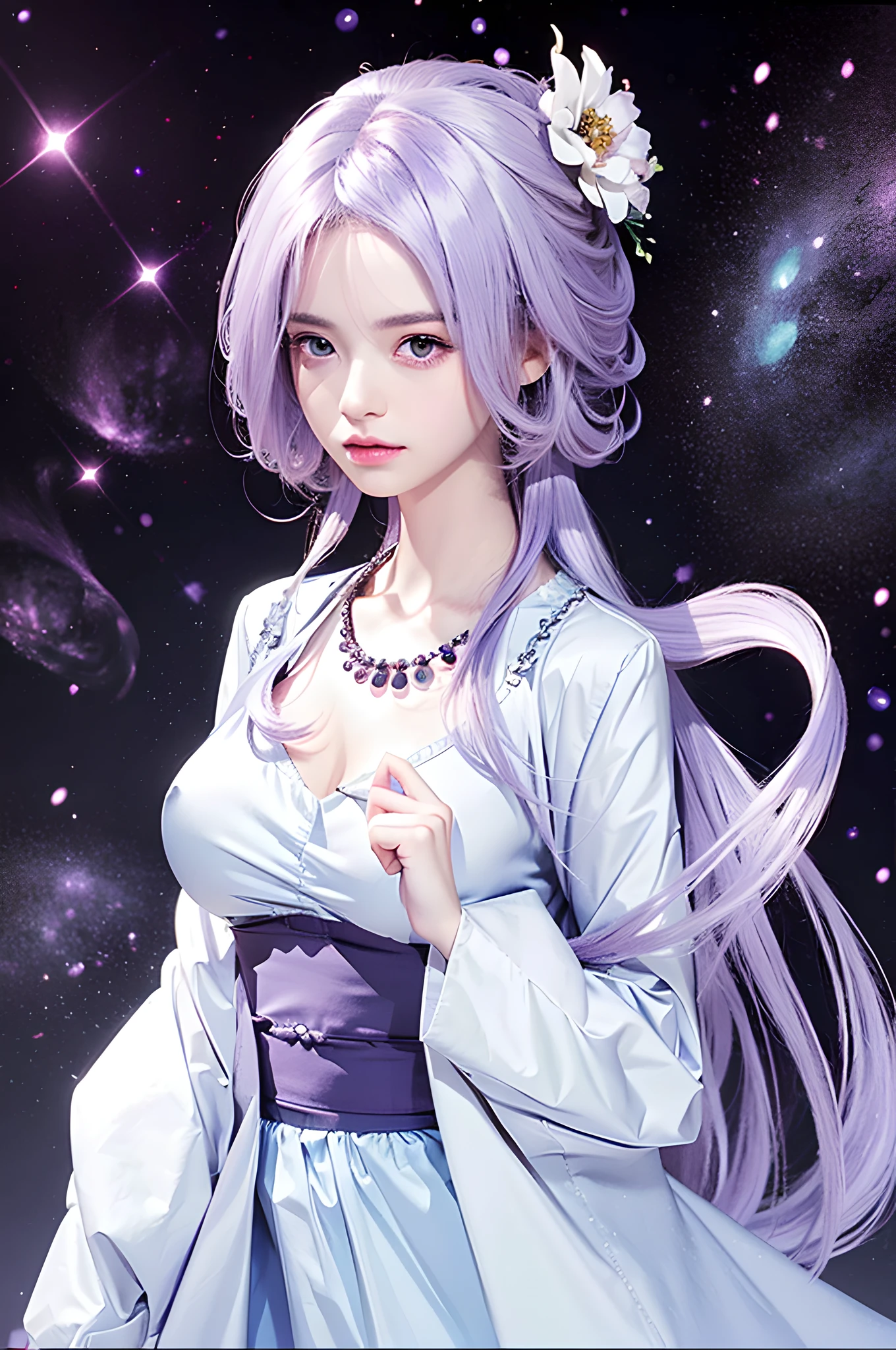 (photorealistic:1.4), best quality, masterpiece, ultra high res, 1girl, (detailed face:1.2), (detailed eyes:1.2), (detailed hair:1.2), (detailed clothes:1.2), 4k, (detailed color:1.2), (light purple hair:1.2),