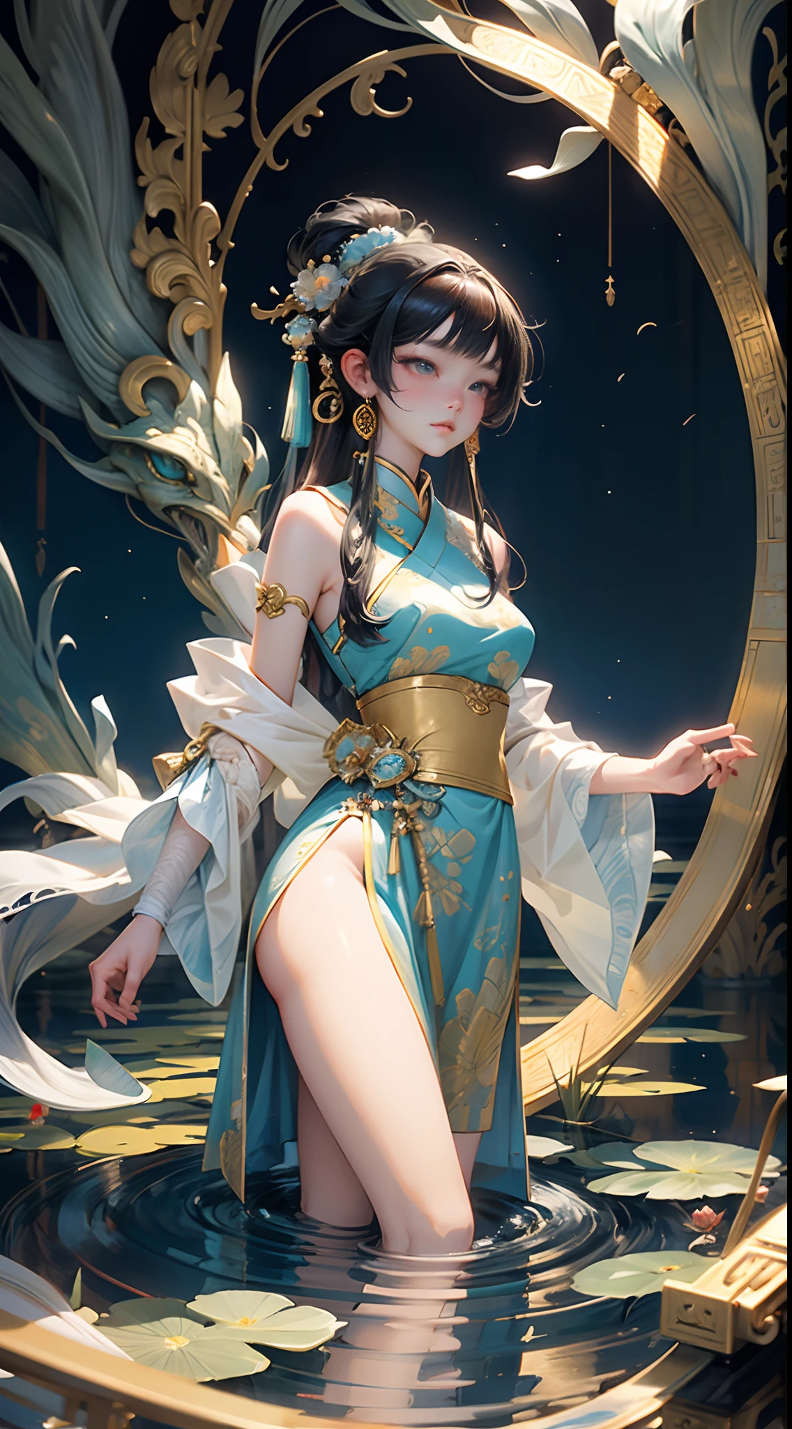 Beautiful girl traditional Asian, Beautiful girl, Traditional women, In surreal water style, animeaesthetic, xiaofei yue, Deep gold and shallow aquamarine, Frederick Sanders, dark white and light crimson, Wonderful introspection