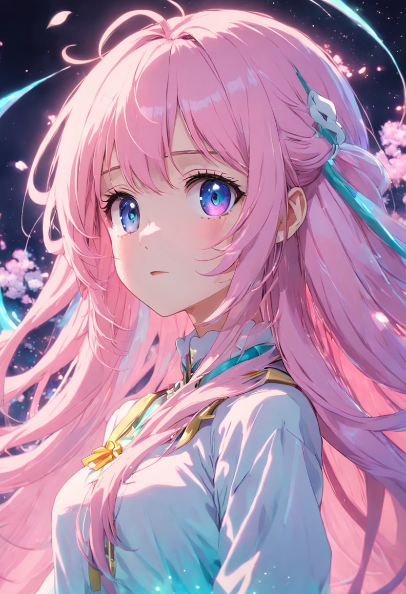 Colorful light background,long whitr hair,Has a bright pinkish-purple transparent gum texture,In pink、Wear yours with blue and white,yellow and greens,Cyan matching accessories pendant decoration,This is a very sweet and sweet loli girl