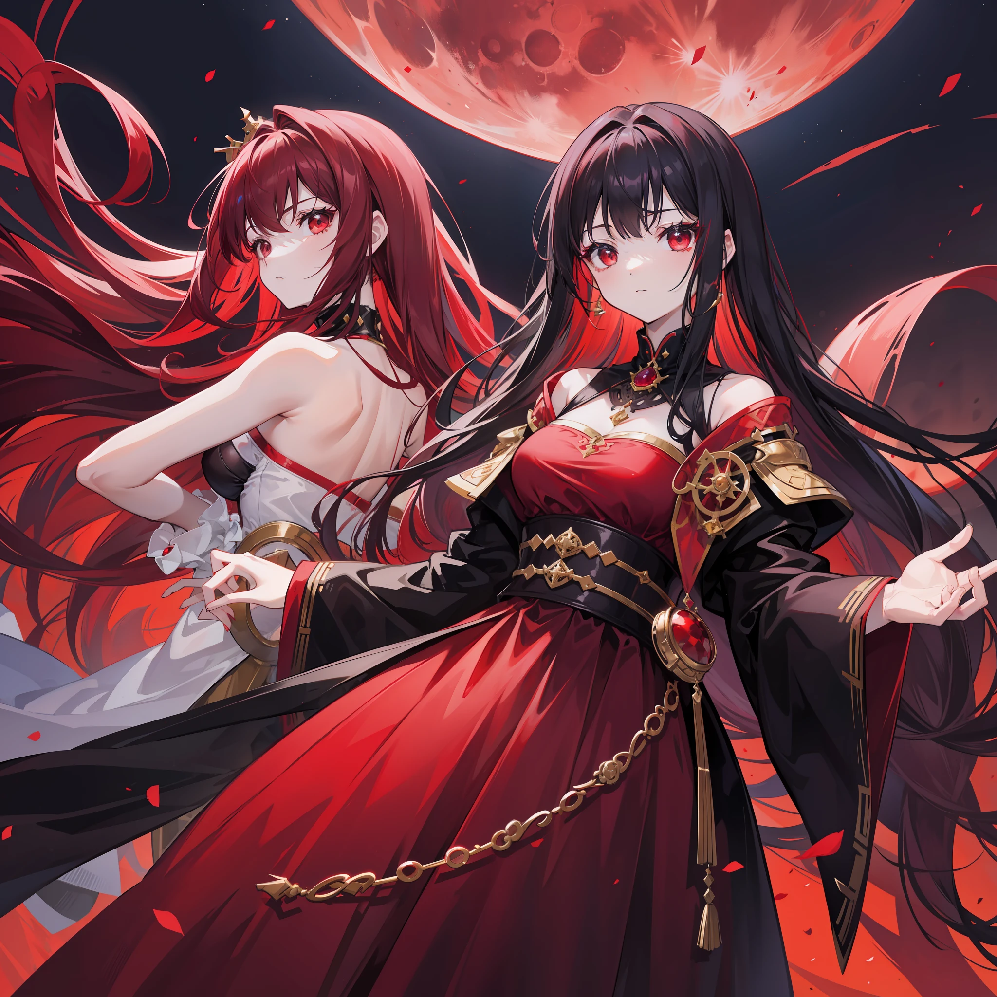 Red moon background,Relatively pale black-red hair and clothes,Black and reddish purple clothes,and gold jewelry,She is a very proud queen sister