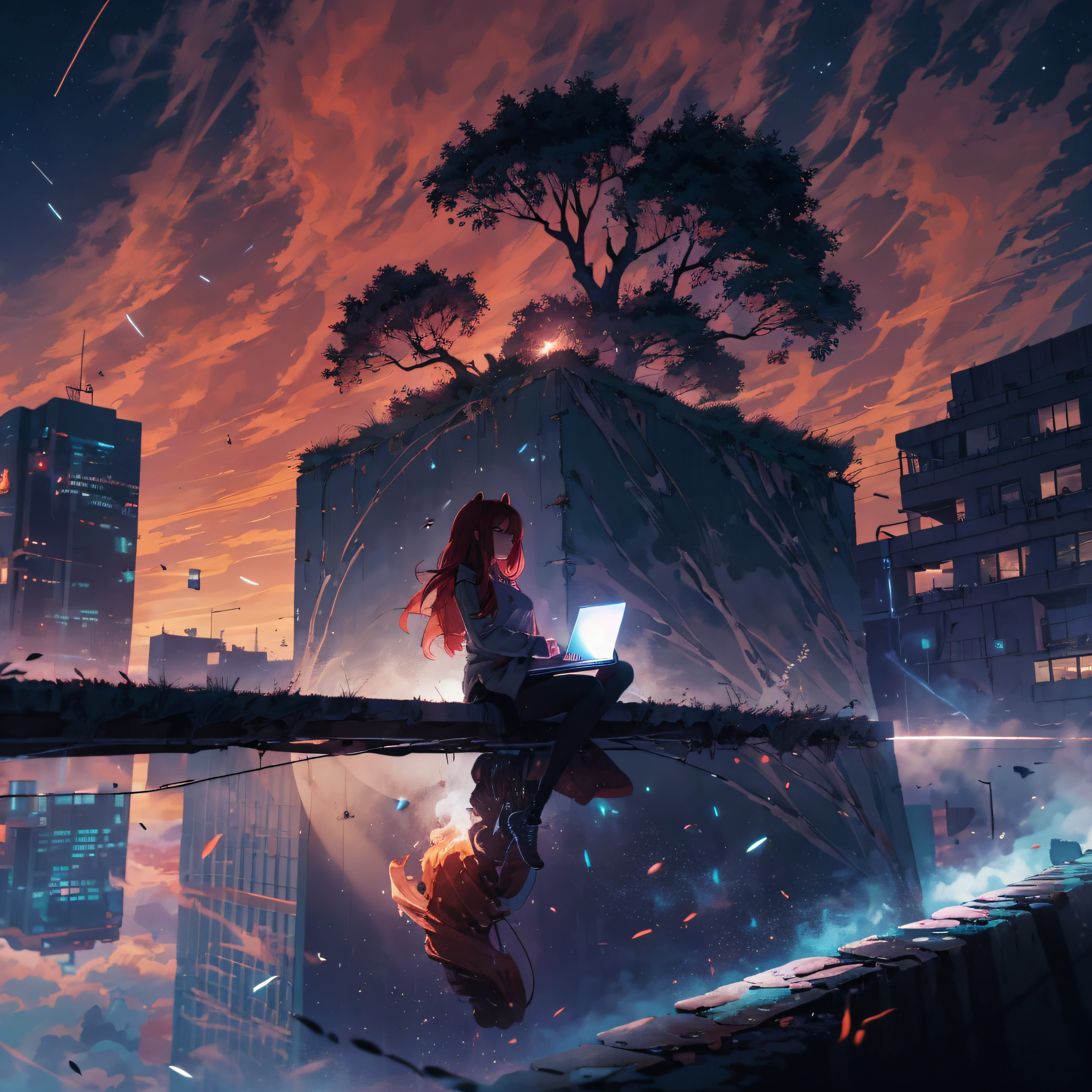 octans, sky, star (sky), scenery, starry sky, night, 1girl, night sky, solo, outdoors, building, cloud, comets, milky way, sitting, tree, bring laptop, long red hair, white shirt, golden eyes, black panties, wet, sexy, cyber city, futures, silhouette, cityscape, amazing, power, aura.