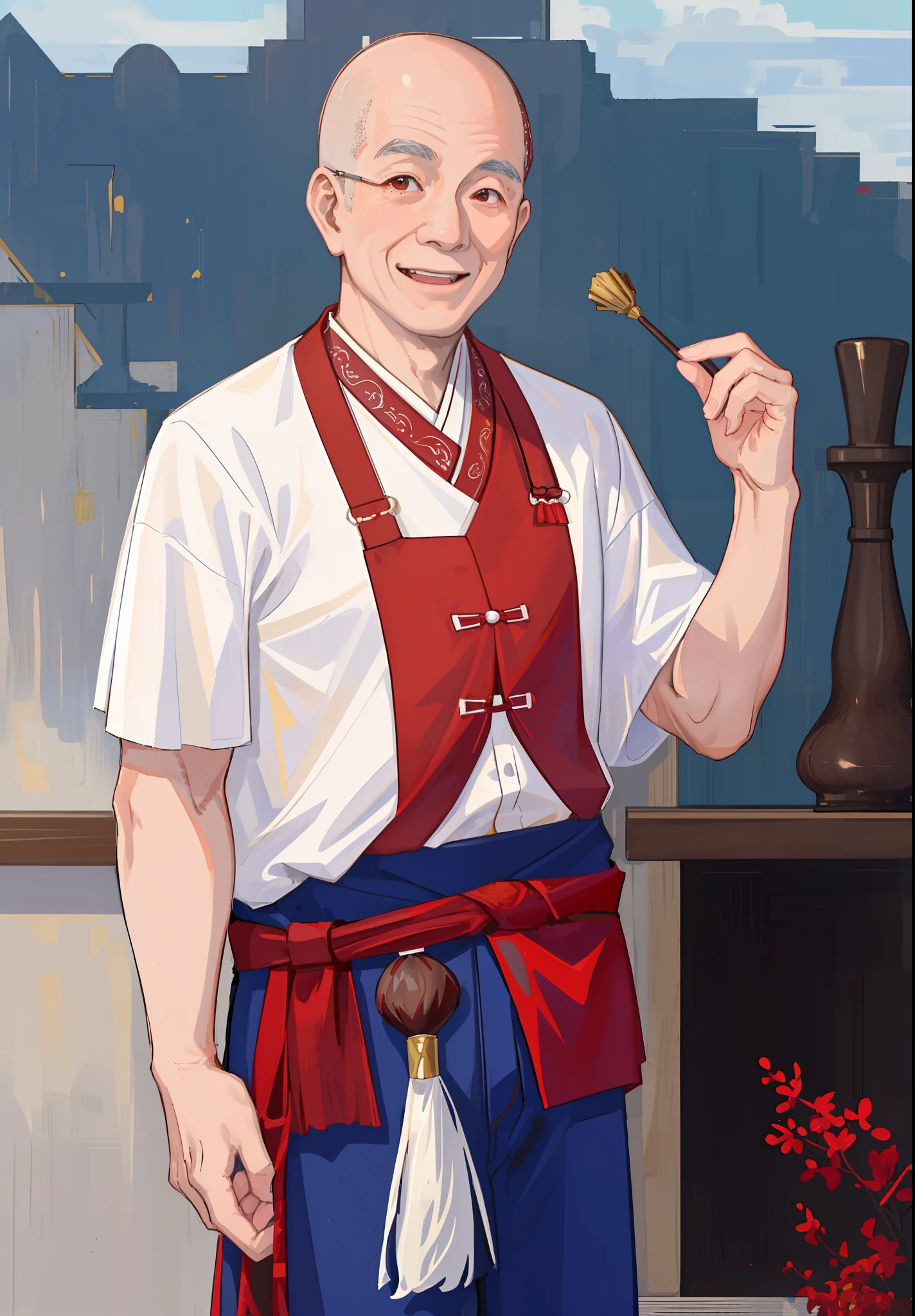 (Masterpiece, best quality: 1.2), (Super detailed), (Illustration),a U-shape bald old man, with a red tartan loincloth around his waist, asian bald man with white shirt, blue jeans, smile face, bald and fat man, white shirt, ((smile face)), Asia old man, Asian face, no beard, checked loincloth, red plaid loincloth, ((Asian old man)), U-shape bald black hair, ((U-shape bald)), white shirt. ((white shirt)), ((old man))