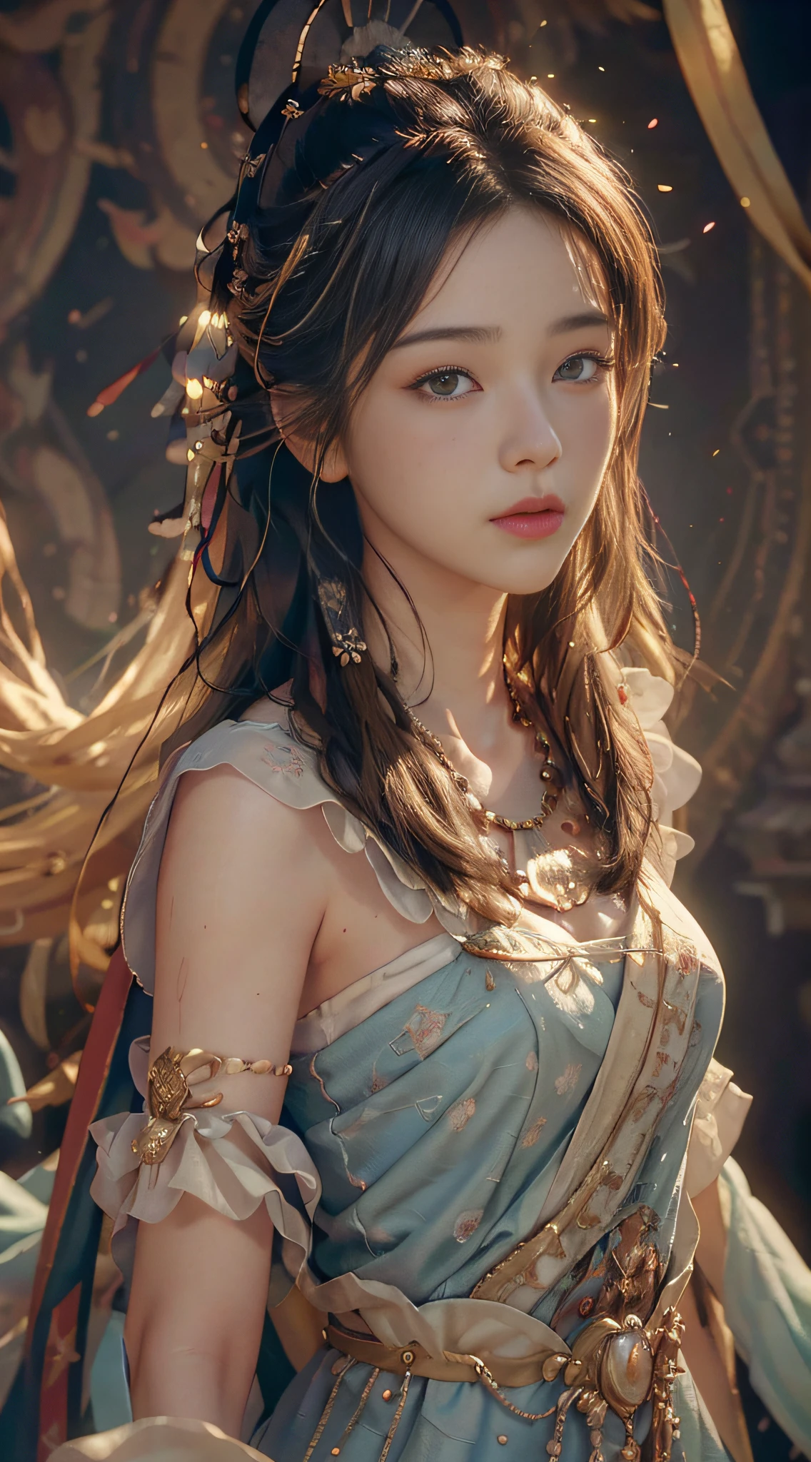 (RAW photo, best quality), (realistic, photo-realistic:1.3),best quality,highly detailed,masterpiece,ultra-detailed,illustration,1girl,upper_body,dynamic angle,world masterpiece theater,messy_long_hair,best quality,extremely detailed CG unity 8k wallpaper,ink,Amazing,cinematic lighting,lens_flare, dunhuang_style