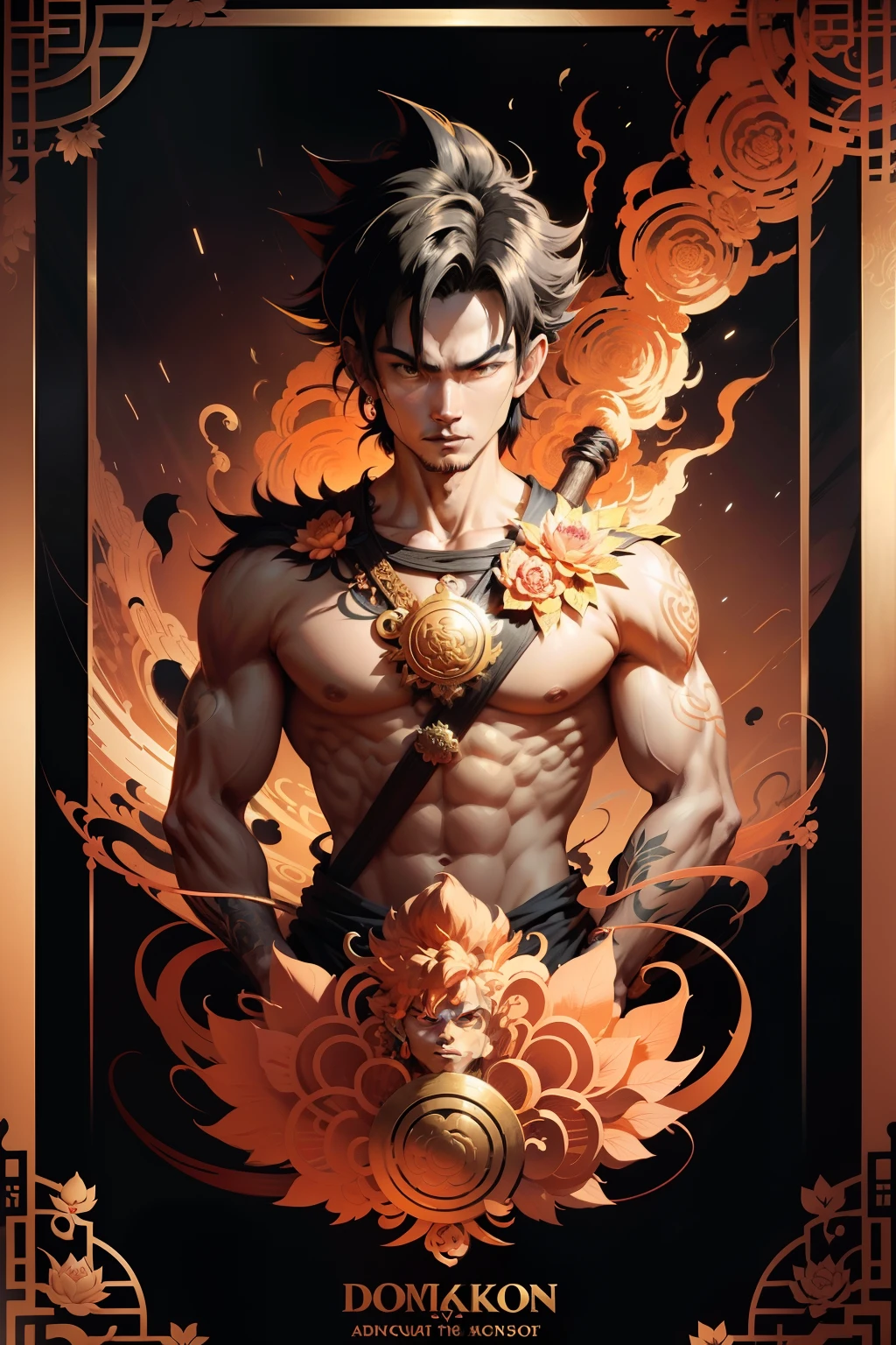 son goku,Colorful auspicious clouds,Hold a golden hoop stick,Portrait of the Monkey King wrapped in vines and lotus flowers + Black paper + element in + Red + gold + neonlight + baroque + Rococo + White + Orange+ ink + Tarot cards with gorgeous border frame + Marc Simonetti, paul pope, Peter Mohrbacher, Detailed, intricate ink illustration