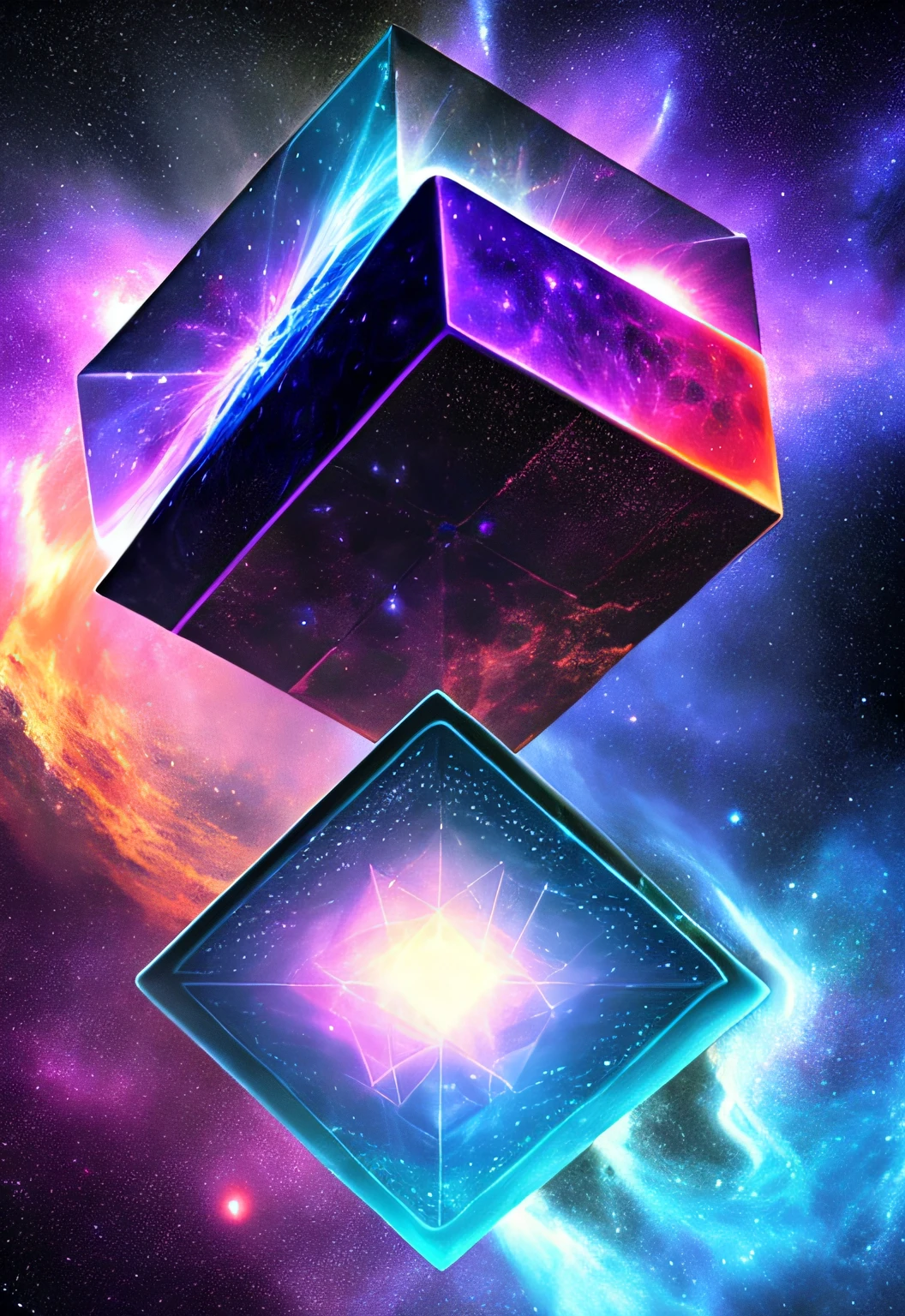 tesseract, strange geometry, confusing, multidimensional, unusual shapes, nebula, black hole, dark, destroyed planet, molten