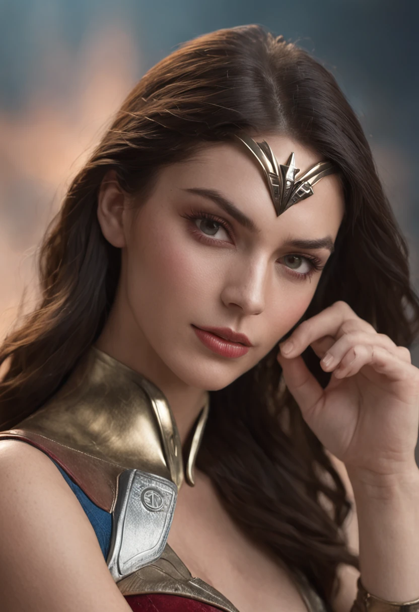 Surrealist Wonder Woman, Perfect body, Perfect face, Perfect hands, Perfect, Legs, Cities on fire, Detailed and Intrincicate, bioluminicense, HD