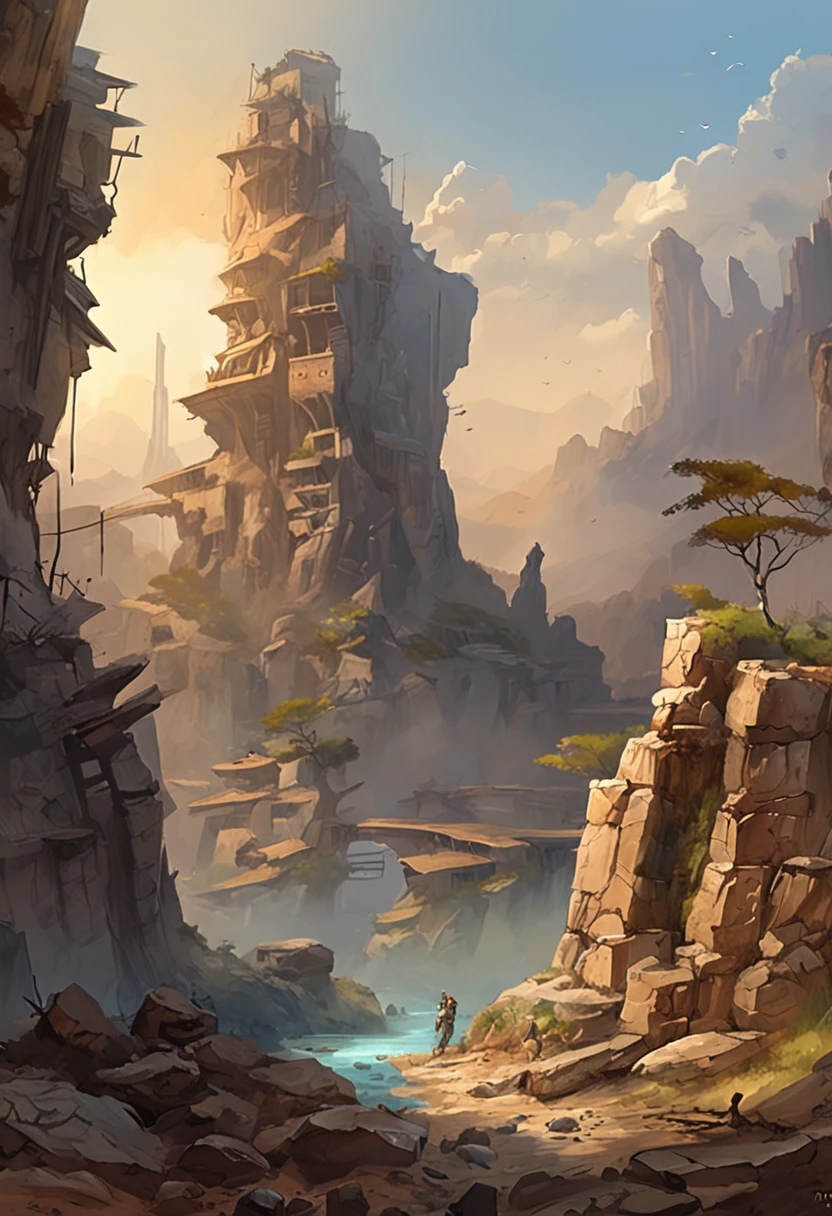 painting of a rocky landscape, 4k highly detailed digital art, unreal engine digital painting, high quality digital concept art, ruins landscape, futuristic ruins, robot city ruins, concept art wallpaper 4k, dark ruins landscape, sci-fi digital painting, detailed digital concept art, epic fantasy sci fi illustration, 4k detailed digital art