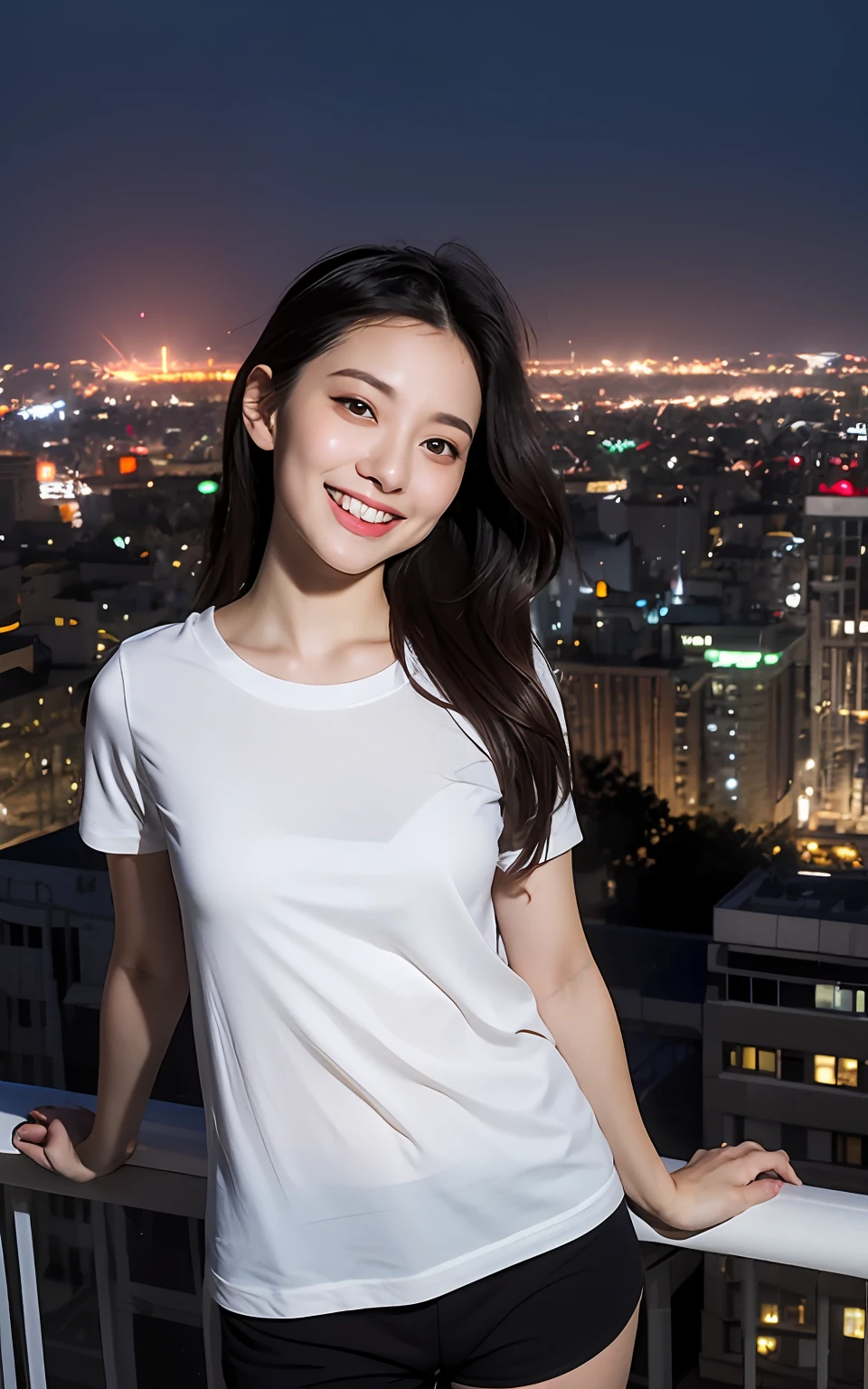 Highly detailed CG unity 8k wallpaper, of the highest quality, Super detailed, masutepiece, Realistic, photographrealistic, extremely detailed cute girl, 25 years old, Round eyes, peeping at the viewer,  Blush,ssmile,Natural random selfie pose(Underarms) ,Blurred night view of city rooftops, White T-shirt、Black  shorts