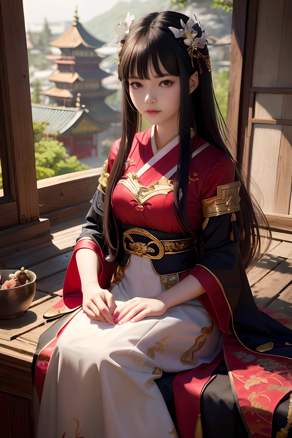araffe woman in a red and white dress sitting on a wooden bench, Palace , A girl in Hanfu, Hanfu, Anime girl cosplay, with acient chinese clothes, Wearing ancient Chinese clothes, Big Breasts Beautiful fantasy queen, Chinese costume, Anime cosplay, White Hanfu, Traditional beauty, Princesa chinesa antiga, Chinese dress, Chinese style