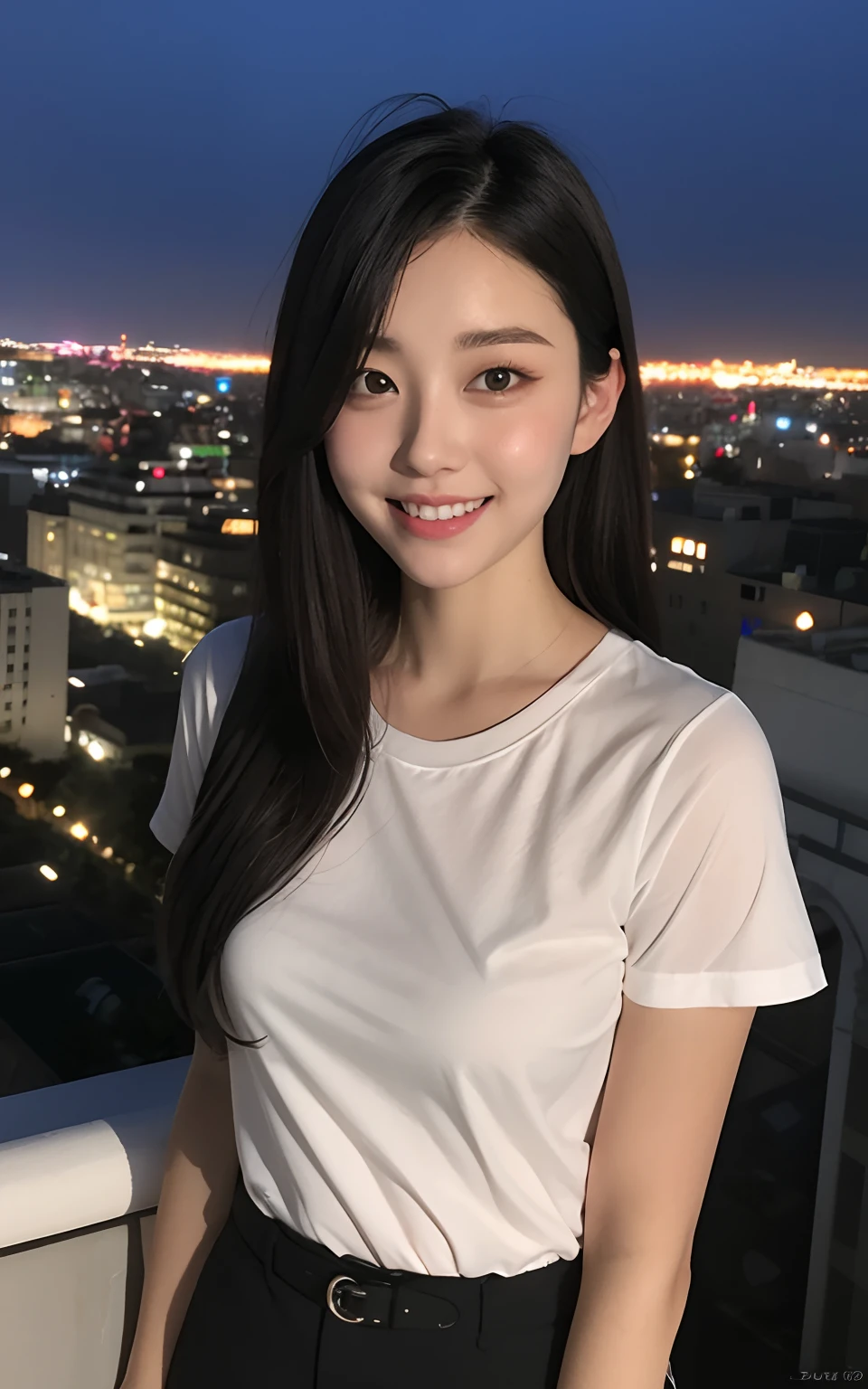 Highly detailed CG unity 8k wallpaper, of the highest quality, Super detailed, masutepiece, Realistic, photographrealistic, extremely detailed cute girl, 25 years old, Round eyes, peeping at the viewer,  Blush,ssmile,Natural random selfie pose(Underarms) ,Blurred night view of city rooftops, White T-shirt、Black  shorts