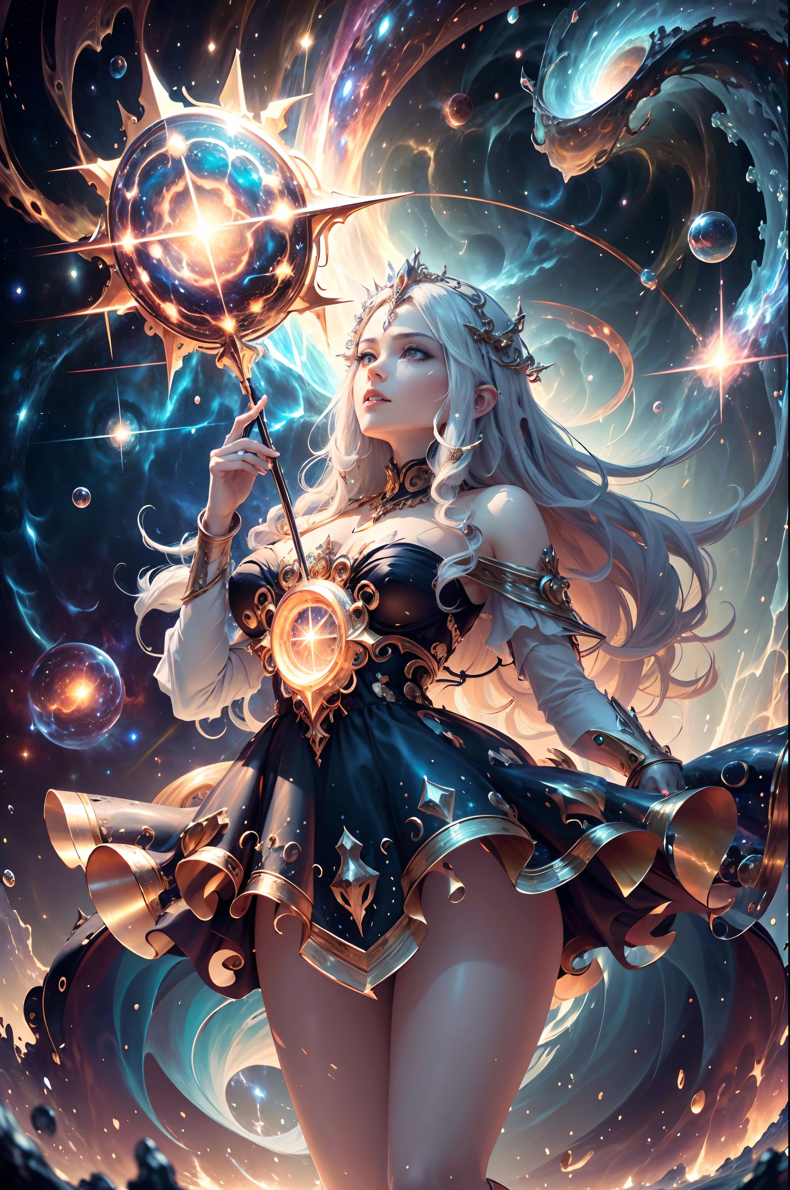 masterpiece, best quality, high details, highres, 1 person, divine being, divine magic, God of Chaos, personification of Chaos, standing in deep space, divine being, magic circles, divine patterns, emanates immense power and cosmic energy, surrounded by swirling vortexes of space-time, galaxies, and stars, dark and chaotic atmosphere, ancient and enigmatic presence, 16k