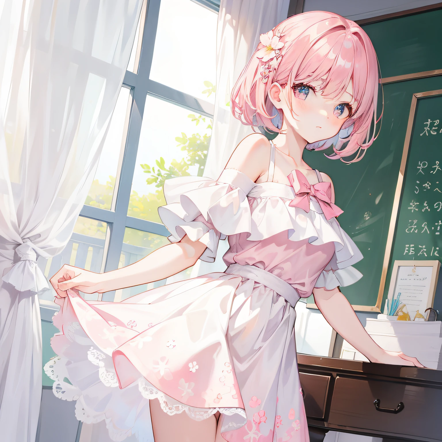 Short pink and white off-the-shoulder hair,Scallop white floral dress,Dignified and lovely teacher, Beautiful girl