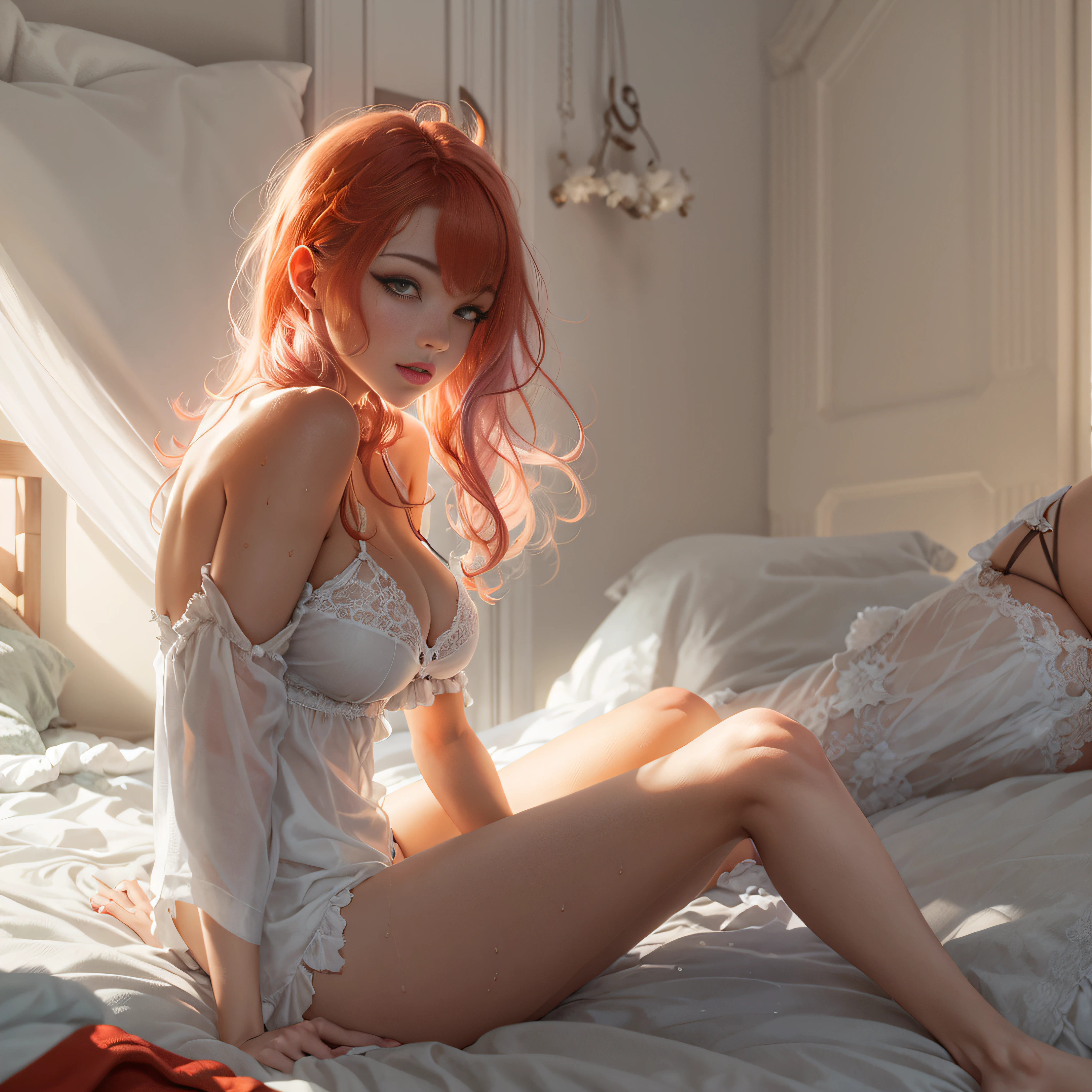 (masterpiece:1.2, best quality), (highly detailed:1.3), 1girl in bedroom, 25yo, busty, white panties, taking off panties, undressing, morning, sunlight, best shadows, best lighting, leaning forward, nipple, extended downblouse, panty drop, panties drop, panty pull, red hair, golden eyes, hot, wet, sexies, lying on the bed.