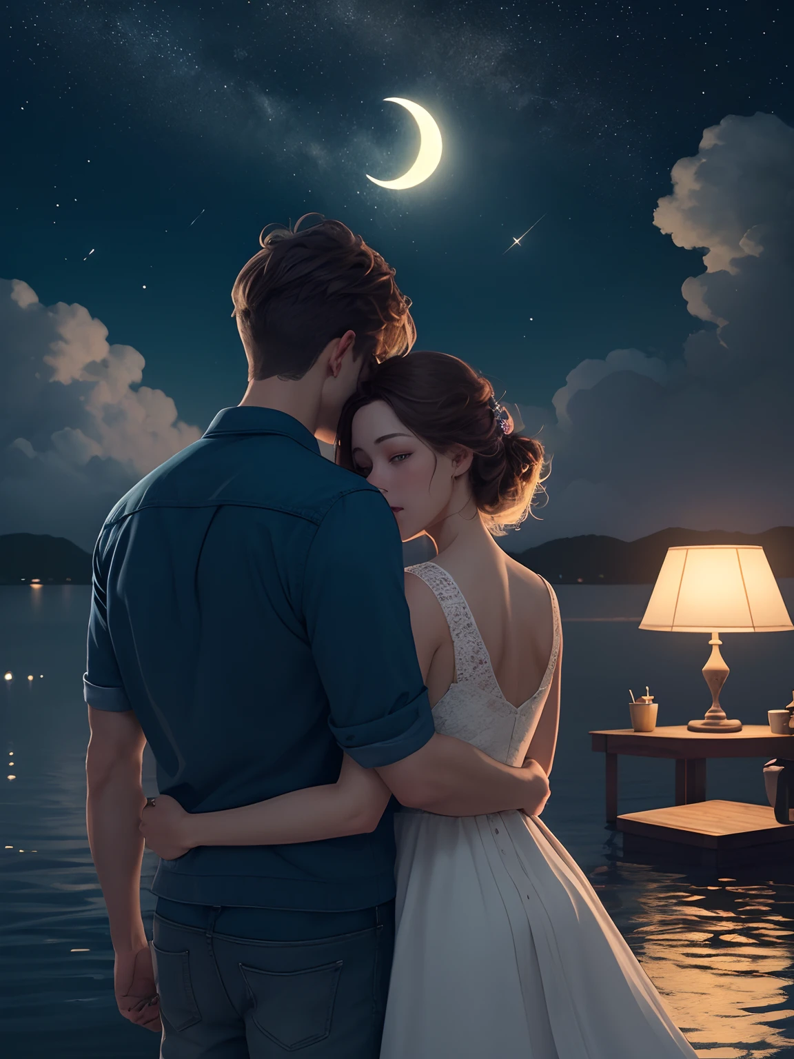 (((masterpiece))),best quality, illustration, sky, cloud, star \(symbol\),1man, 1girl, couple, intimate, lovers, night, moon, night sky, starry sky, vibrant color scheme, Soft light,(warm color:1.2),Water color painting, light background, best quality exquisite details,3d rendering,Octane render, wide shot, from behind