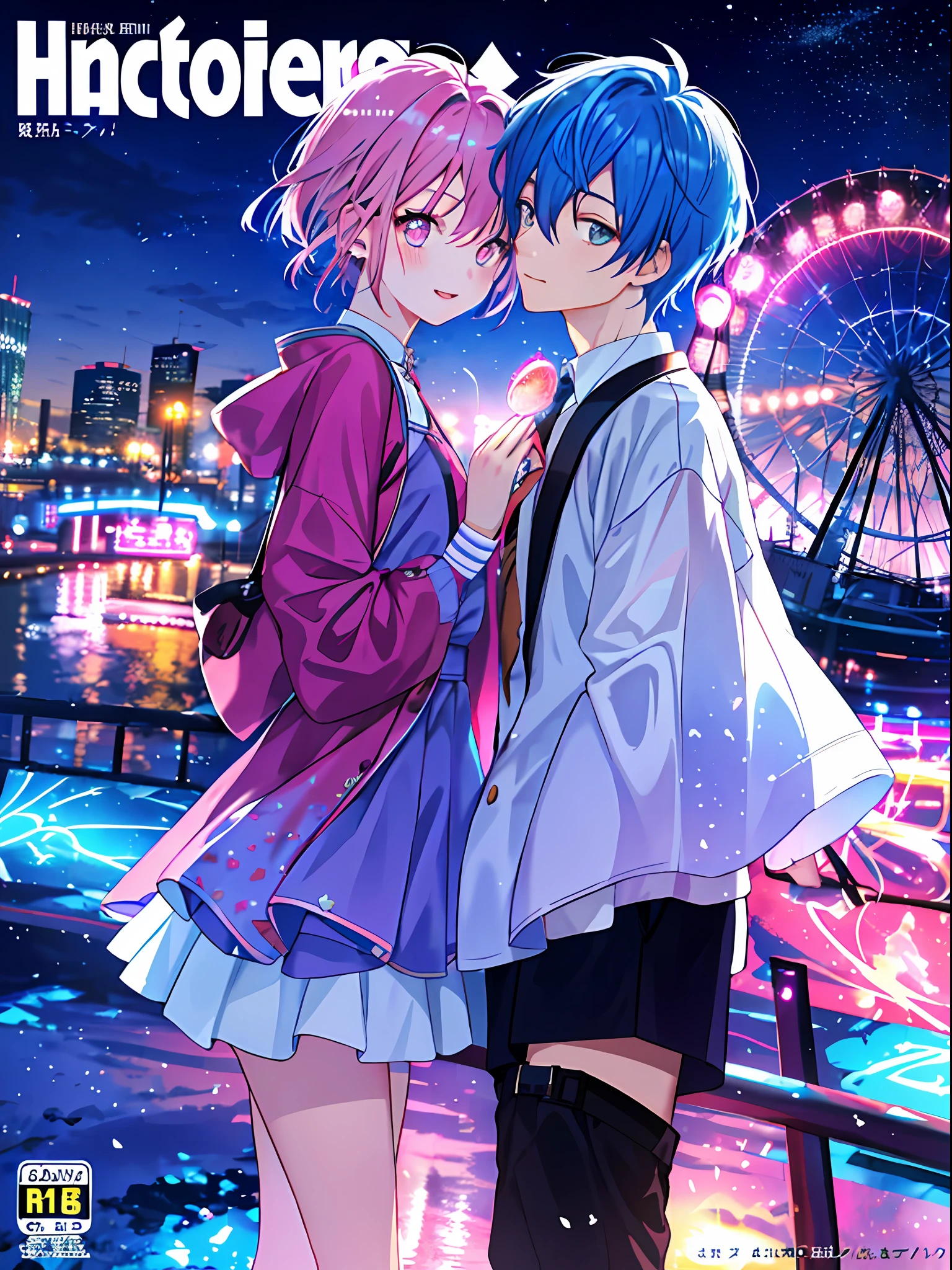 MagazineCover,Romantic couple kissing in the wind,Blue-haired boy,Girl with pink hair,glowing stars,Glow effects,Heart-shaped bubbles,the night,playground,he Ferris wheel,The face is clear and accurate,detail in face,super-fine,16K resolution,high qulity,电影灯光,High picture detail,dynamic viewing angle,Detailed pubic hair,Epic shooting,oc rendered