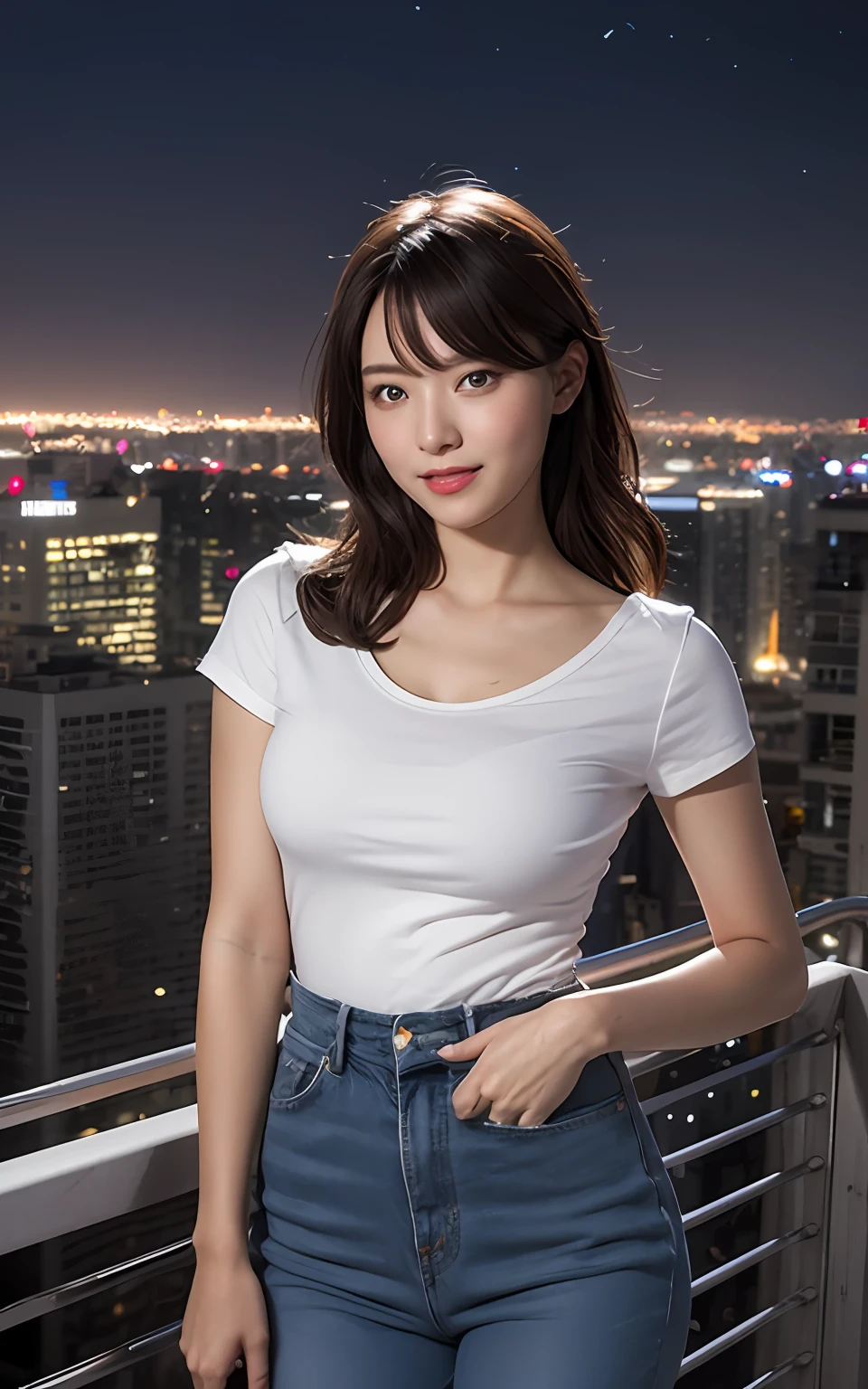 Highly detailed CG unity 8k wallpaper, of the highest quality, Super detailed, masutepiece, Realistic, photographrealistic, extremely detailed cute girl, 25 years old, Round eyes, peeping at the viewer, Blush,ssmile, Machine Standard appearance standing position to take pictures(Underarms) ,Night view of the city rooftops, Clean dressing