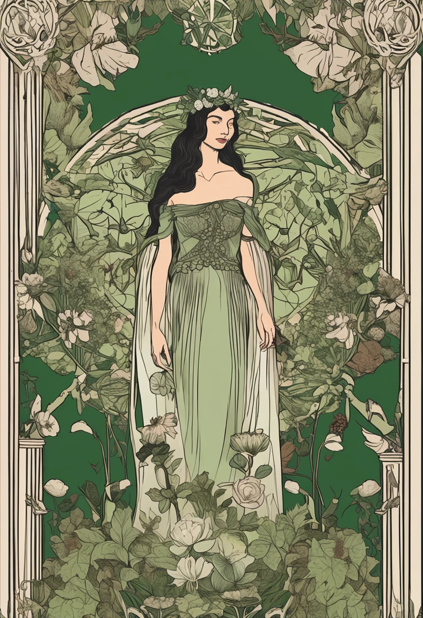 tmasterpiece,Need,Alphonse Mucha,in an art nouveau style,style de carte de tarot,Unique tarot card frame,A blend of floral and green elements,goddes,Straight long black hair,Green,An elegant dress inspired by nature,looking at viewert,Accessories include necklaces with flower and leaf designs,耳Nipple Ring,gyuru,bangle,hair adornments,In the garden,rays of sunshine,rosette、lilie、SakuraNS、iris compiet、Foliage、Moss and vines,butterflys,Birds,honeybee,Tarot card symbols reimagined with floral and green plant designs,ln the forest,Lakeside and other natural backgrounds,effective use of light and shadow,realisticlying,。.3D,8K