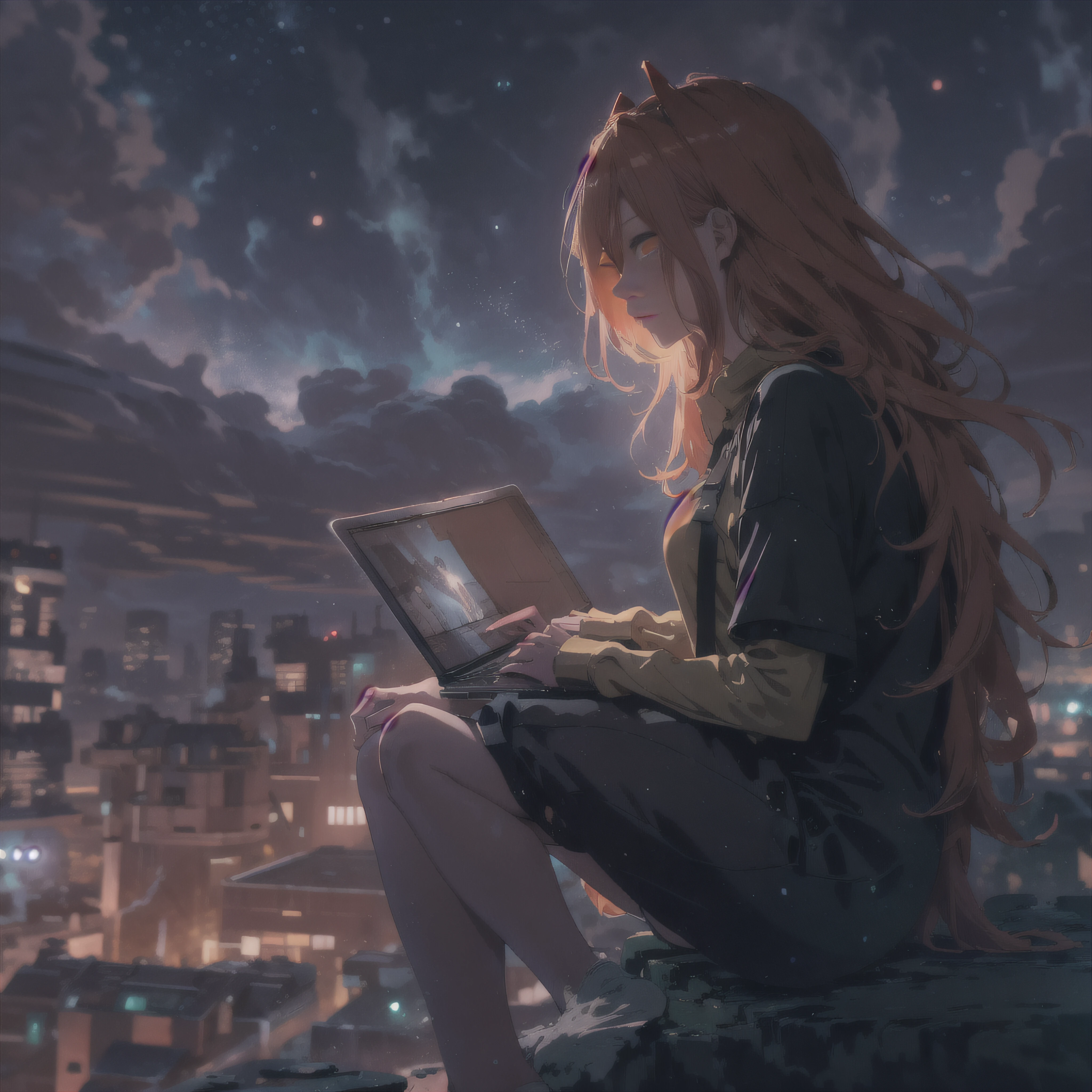 octans, sky, star (sky), scenery, starry sky, night, 1girl, night sky, solo, outdoors, building, cloud, comets, milky way, sitting, tree, bring laptop, long red hair, white shirt, golden eyes, black panties, wet, sexy, cyber city, futures, silhouette, cityscape, amazing, power, aura.