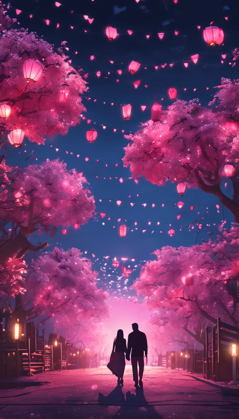 The parameters are original,4K,petals,lantern,Night,Sky background,Pink,Ink pen, Tanabata，A couple of lovers, Bad picture - hot - 75V, EasyNegative,