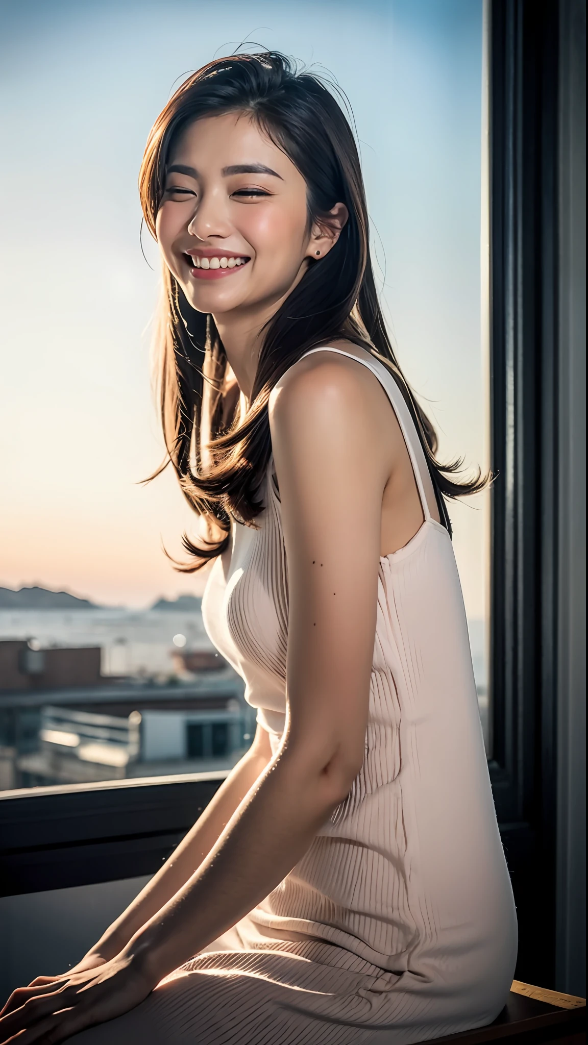 (8k, top quality, masterpiece: 1.2), (realistic, photorealistic: 1.37), super detailed, girl single, cute, solo, midnight, beautiful detailed sky, detailed café, sitting, date, (blush), (smile: 1.15), small breasts (mouth closed), beautiful fine eyes, floating hair NovaFrogStyle, back open dress