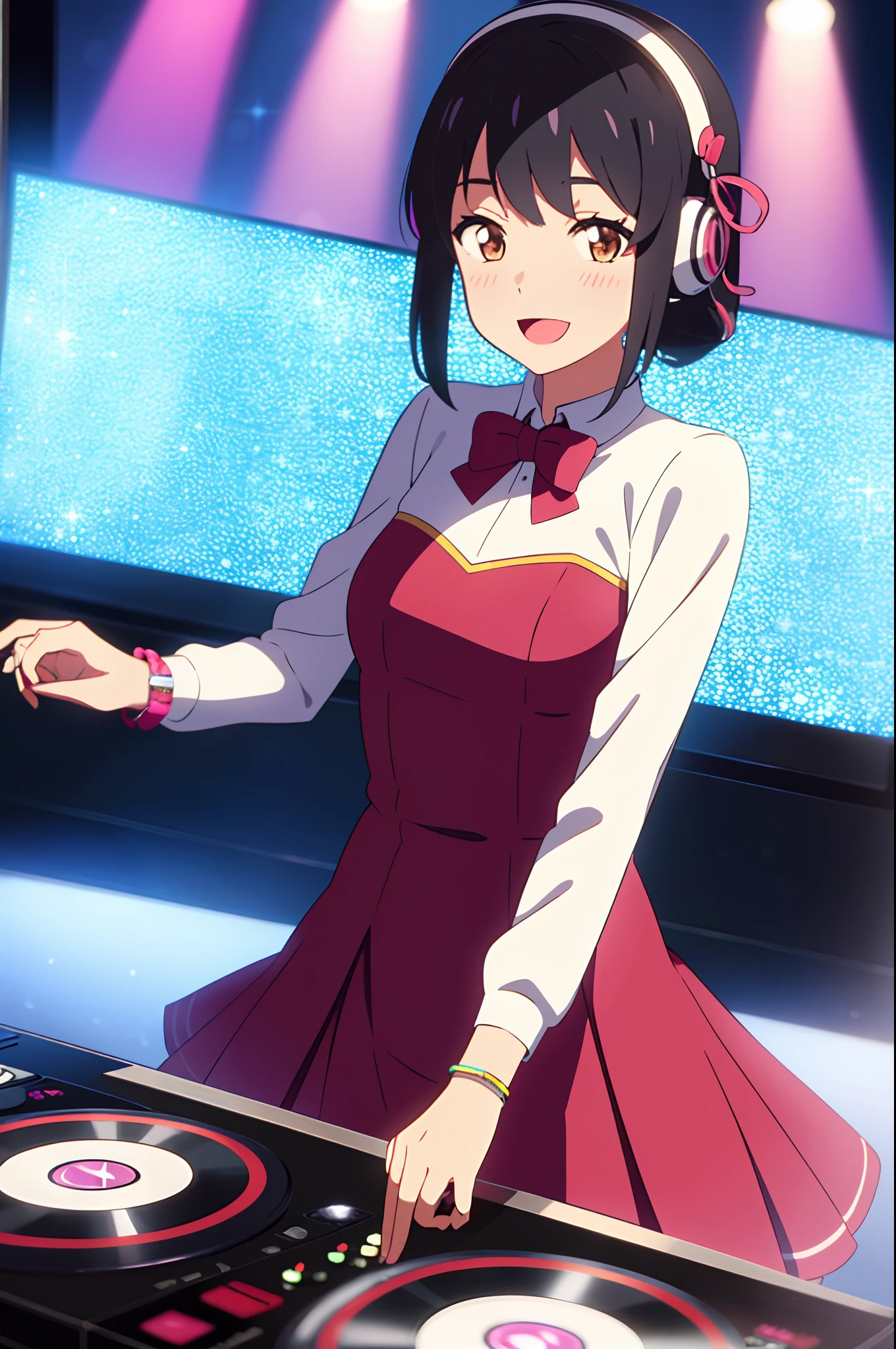 shinkai makoto, kimi no na wa., 1girl, bangs, black hair, brown eyes, blush, Lolita Performance Wear, red bow, red ribbon, short hair, looking at the viewer, cute, smile, open mouth, :D, couple, long sleeves, bracelet, DJ girl, nightclubs, mirror ball, headphones, disco, showcasing her skills on the turntables, Glitter, perfect hand, Live Performances, colorful light