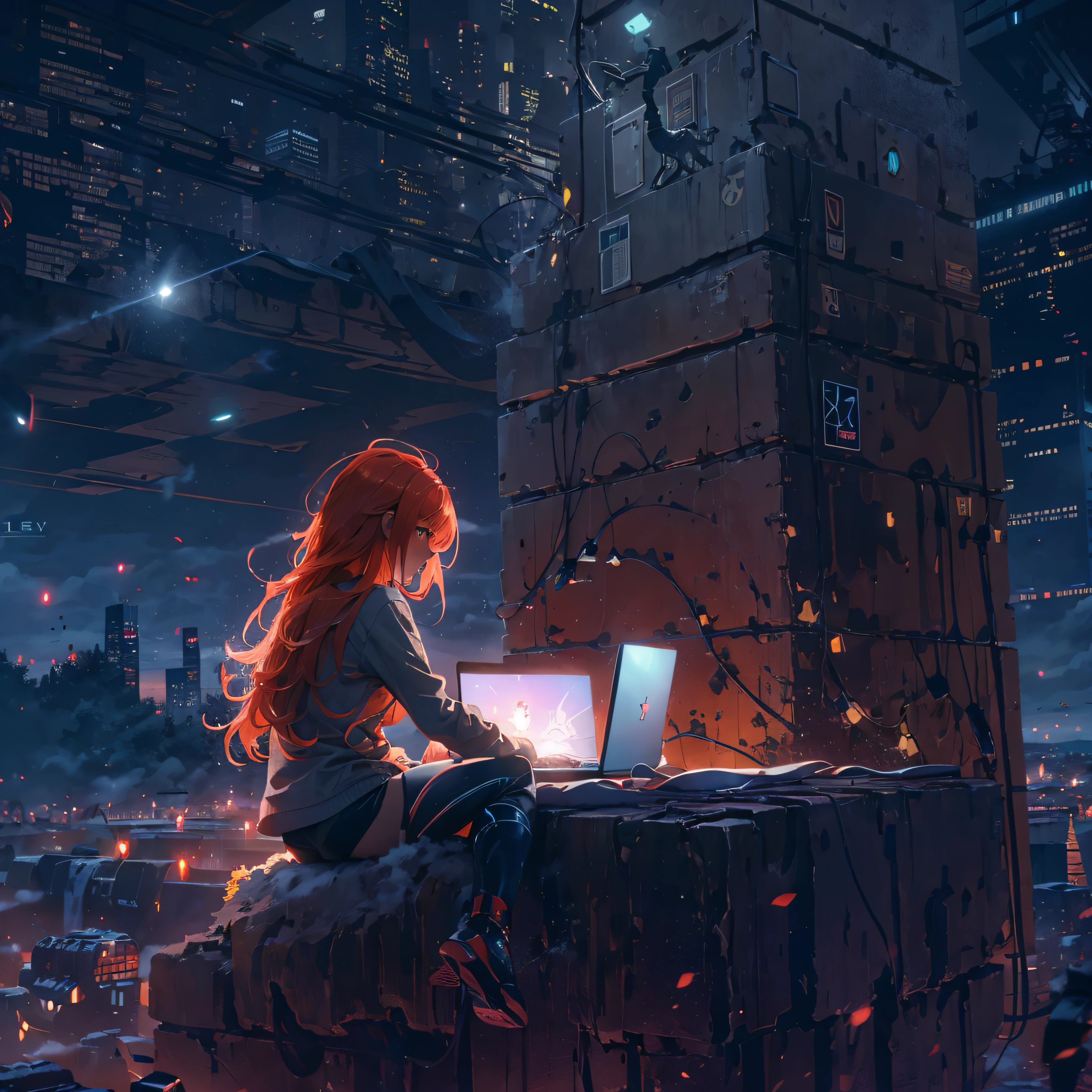 octans, sky, star (sky), scenery, starry sky, night, 1girl, night sky, solo, outdoors, building, cloud, comets, milky way, sitting, tree, bring laptop, long red hair, white shirt, golden eyes, black panties, wet, sexy, cyber city, futures, silhouette, cityscape, amazing, power, aura.