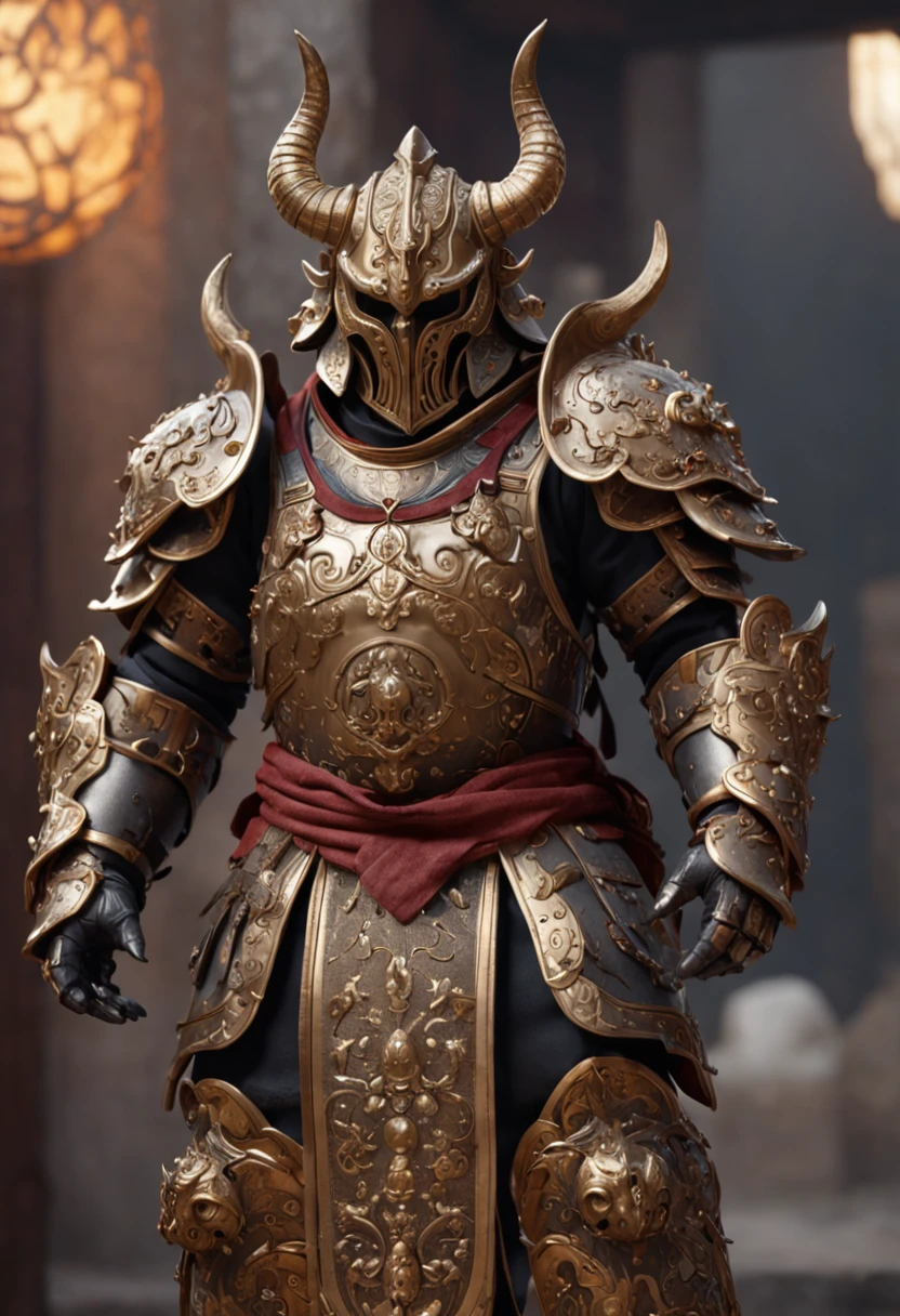 Warrior, concept art, by Kishi Ganku, fantasy art, zen temple background, clean render, a horned, wearing a suit of armour, detailed bushido form smoke, helmet of a forgotten deity, character is standing, 8k realistic, in game render, detailed face background detail, art station front page, ox, pseudo - medieval fantasy, deity with koi armor, detailed bronze armor, bronze armor, golden etched armor, gold obsidian armor, light gold armor, ornate filigree armor, demon warrior, ornate armor covered in thorns, intricate assasin armor, intricate metal armour, formidable warrior, clad in an ornate golden armor adorned with intricate designs, helmet boasting a large crest and two horns, all set against a dark, smoky backdrop suggestive of a battle scene, lending an ominous aura to his persona