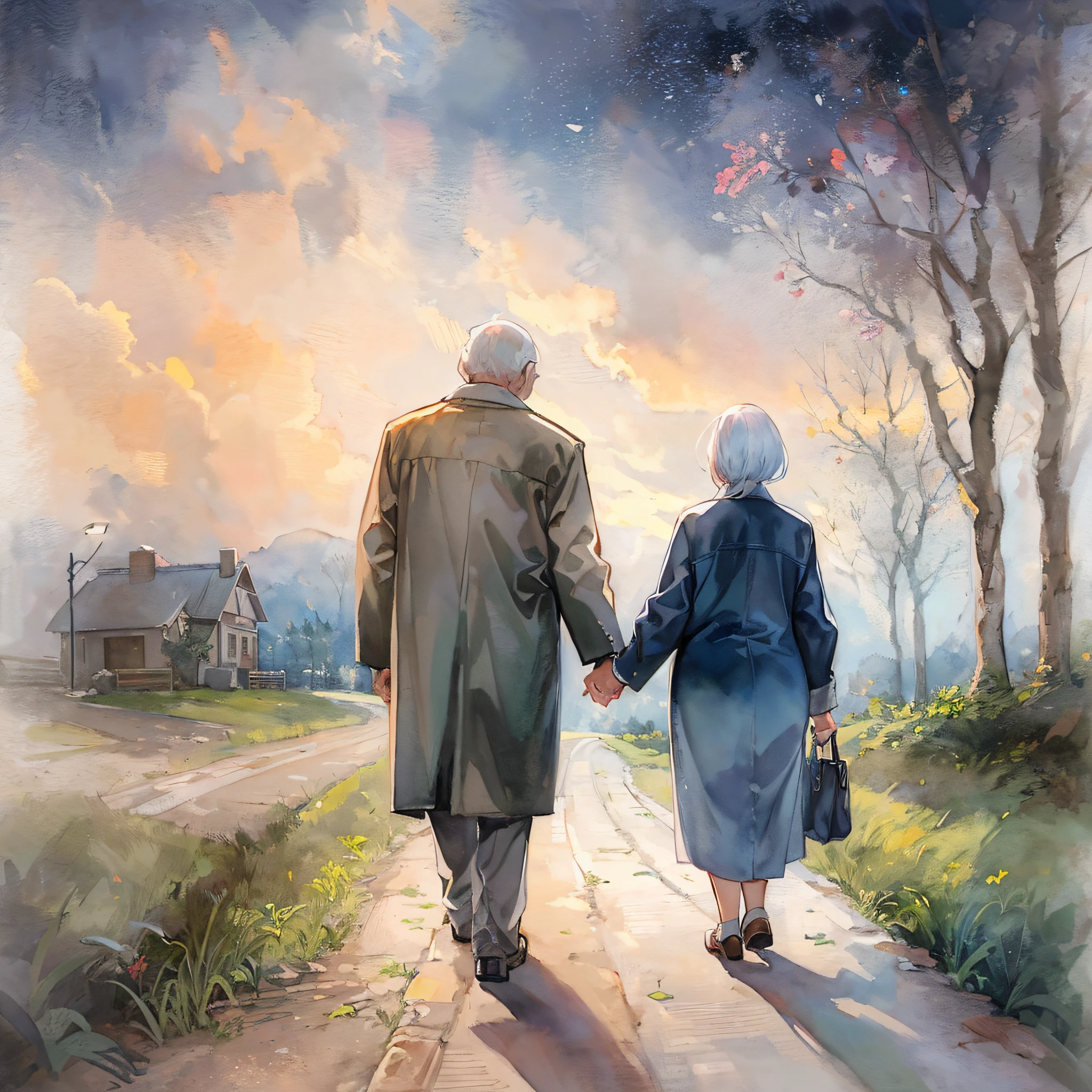 there are 1elderly gentleman & 1old lady walking down the road holding hands, concept, conceptual art, beautiful painting of friends, a beautiful artwork illustration, walking together, twilight sky, watercolor, back shot, full body,