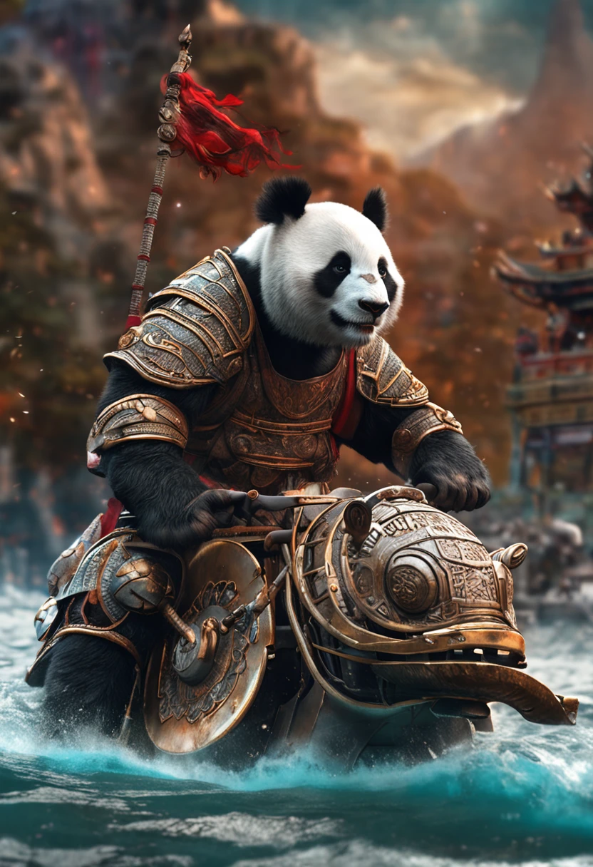 (Masterpiece, Top quality, Best quality, offcial art, Beautiful and aesthetic:1.2), Chiu，（（God of War rides a panda）），extreme detailed details, ancient battle field