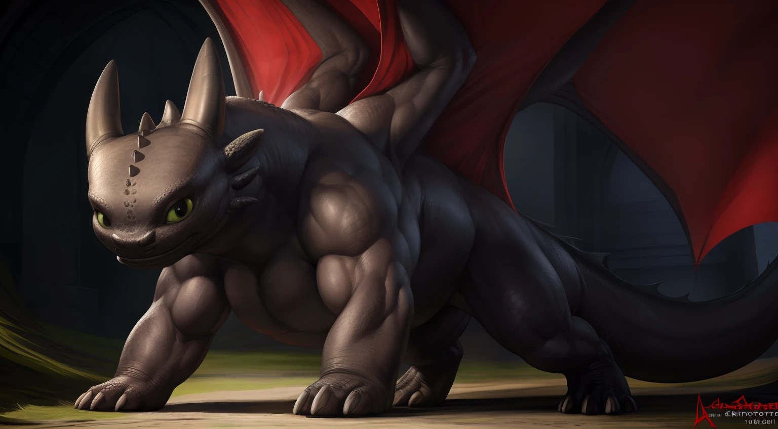 Toothless, feral, full body, detailed scales, anatomically correct wings, perfect shadows, 1man, solo, looking at viewer, detailed face, ((realistic proportions, feral proportions, muscular:1.4)), detailed claws, big tail, realistic tail, lean:1.5, perspective, (detailed eyes), (by grimfaust:1.2), (muzzle (tough:1.2, sturdy), (smaller:1.4 head (massive chin), horns above), posing