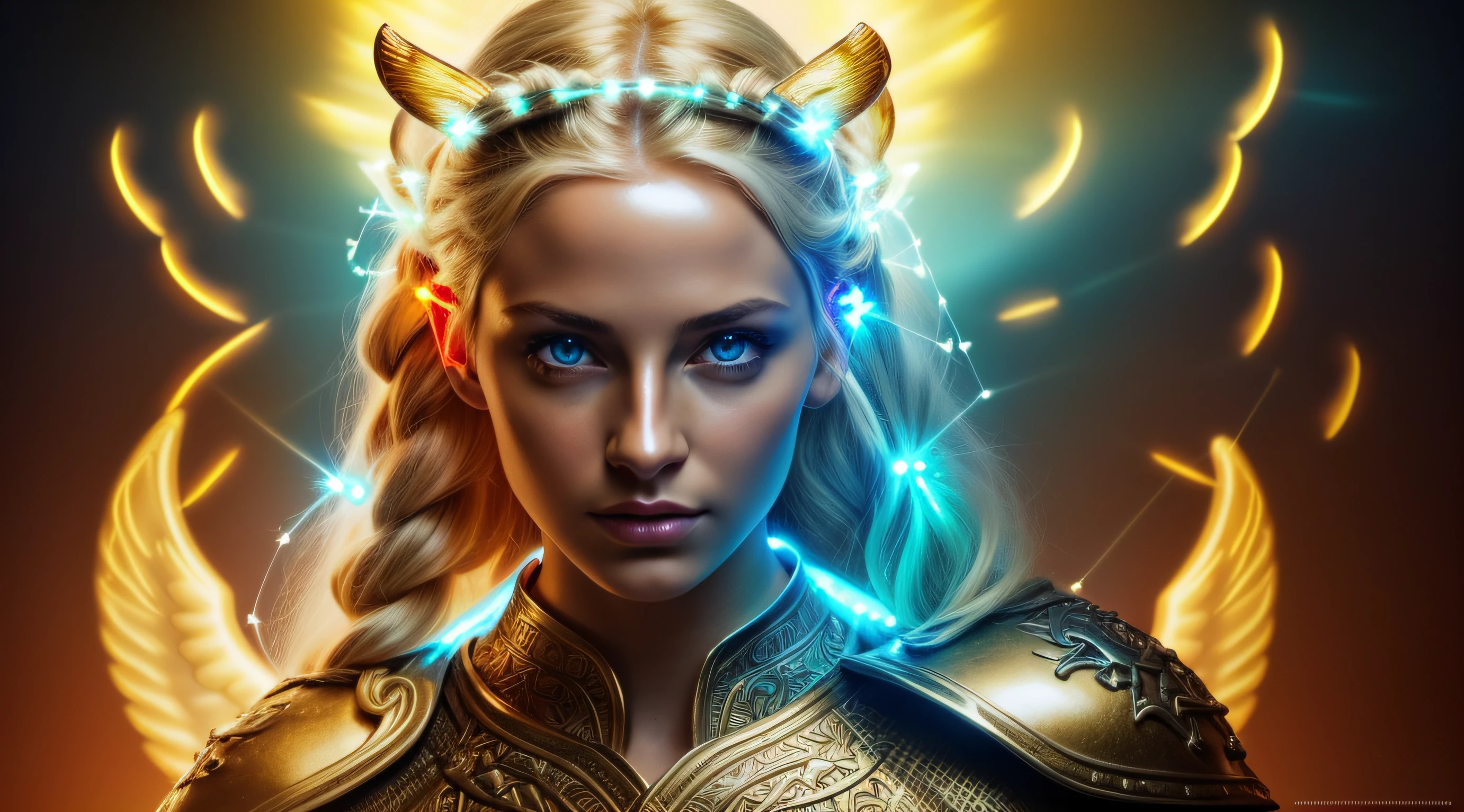 Glow, seductive, glowing blue eyes ,fire, platinum blonde ,(blonde:1.1), sexy , small chest, small breast, highly detailed eyes, (ultra photorealistic:1.3), (masterpiece:1.4), best quality, ((realistic)), high quality, ultra detailed, ((real image)), ((realistic skin)), ((realistic face)),(illustration:1.05), (beautiful:1.05), (beautiful detailed eyes:1.05), (cinematic light:1.1), turquoise blue detaches, model pose, , demonic ,evil, divine, angelic ,(glow:1.90) , fire ,Elemental, posing, 1 braided ponytail, (detailed glowing golden skimpy viking armor:1.05), ((bright auroa:1.50))
