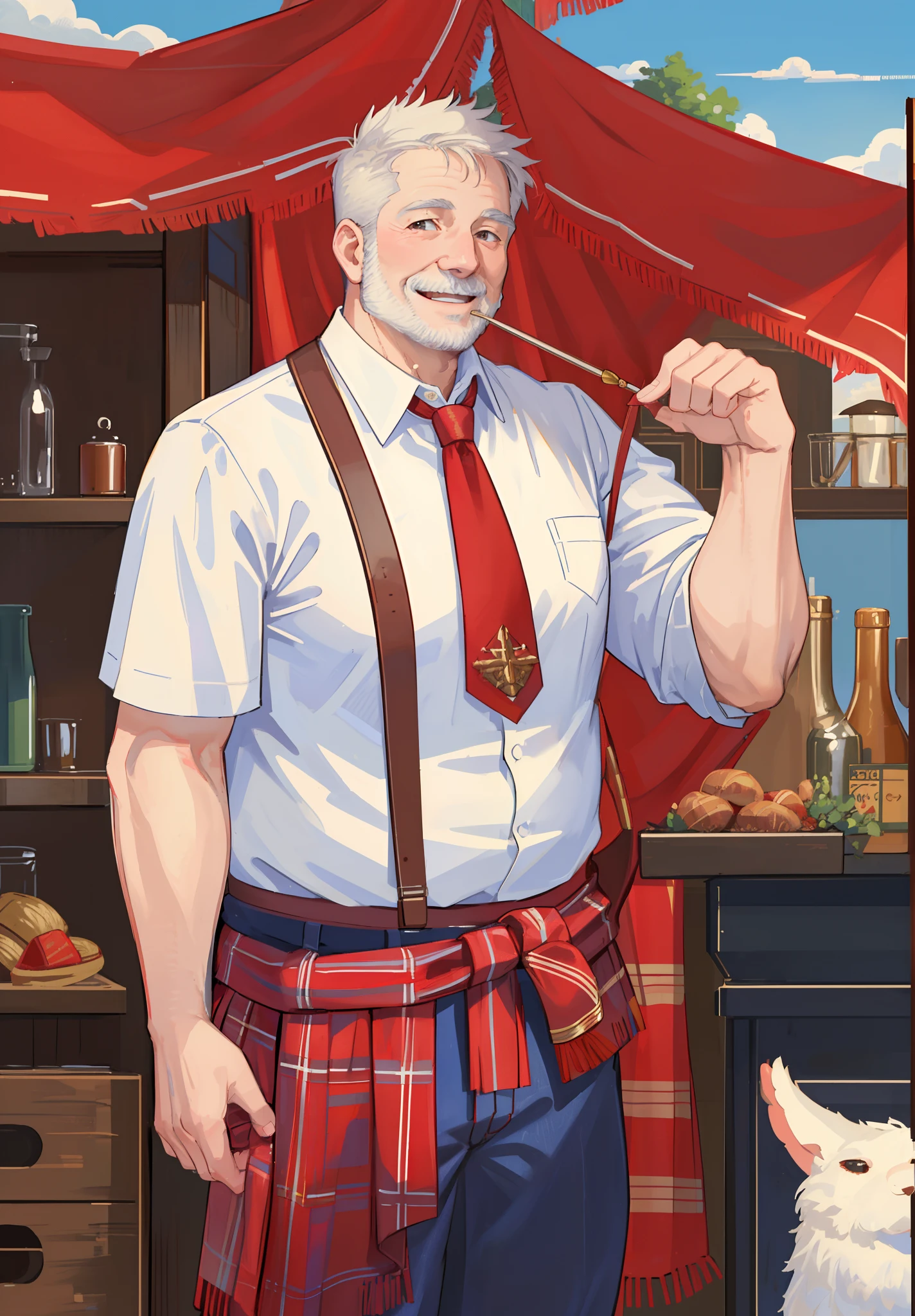 (Masterpiece, best quality: 1.2), (Super detailed), (Illustration),a bald old man, with a red tartan loincloth around his waist, old man with white shirt, blue jeans, smile face, bald and fat man, white shirt, ((smile face))
